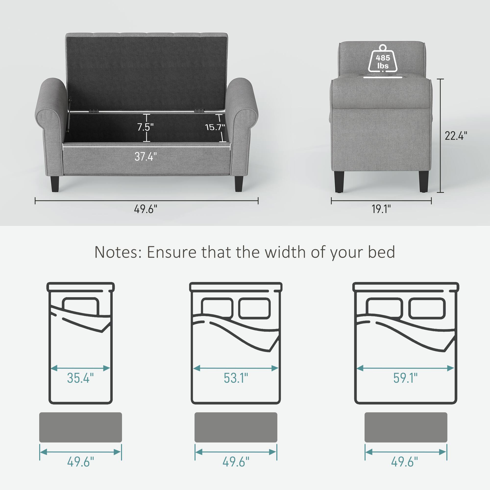 485 lbs  
T 7.5"  
T 15.7"  
37.4"  
22.4"  
49.6"  
19.1"  

Notes: Ensure that the width of your bed  
35.4"  
53.1"  
59.1"  
49.6"  
49.6"  
49.6"