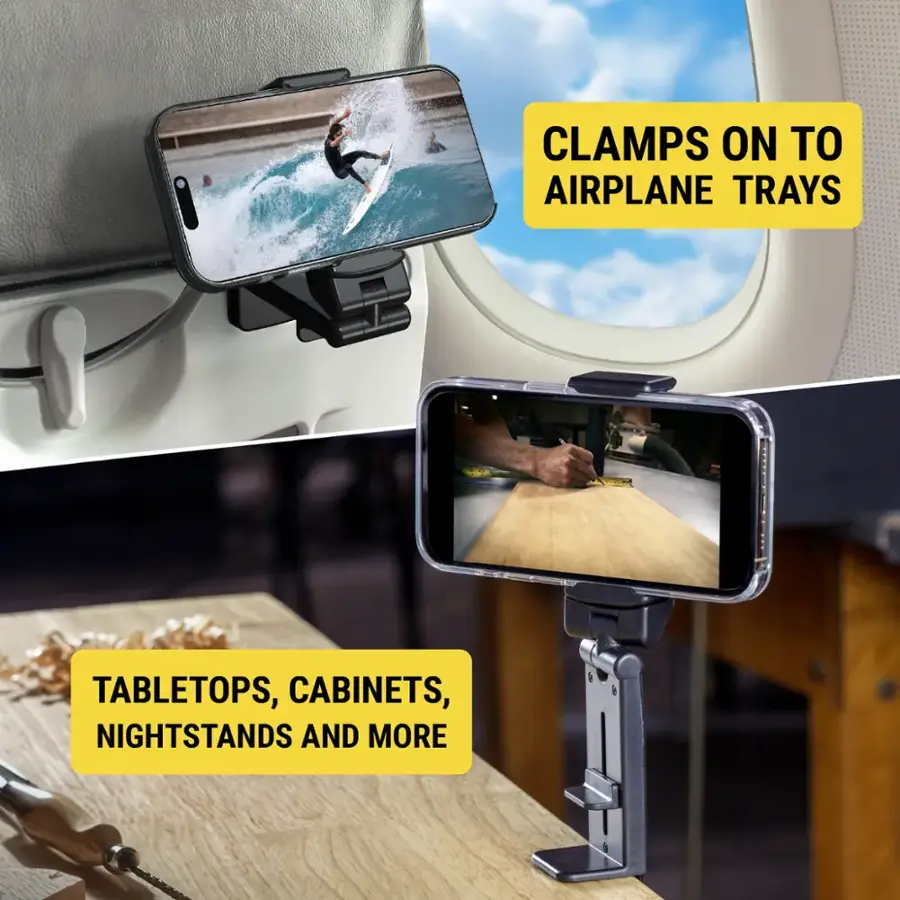 Clamps on to airplane trays, tabletops, cabinets, nightstands and more.
