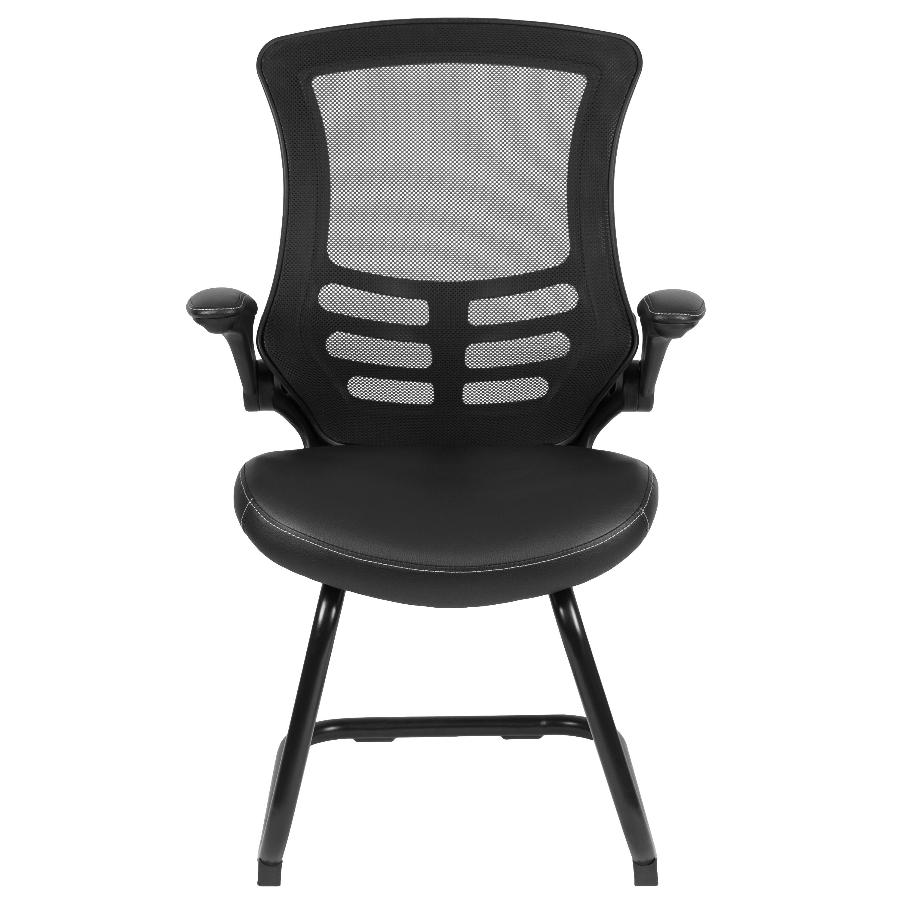 Alt View 7. Emma + Oliver - Mesh Sled Base Side Reception Chair with Flip-Up Arms-Office Waiting Room - Black LeatherSoft.