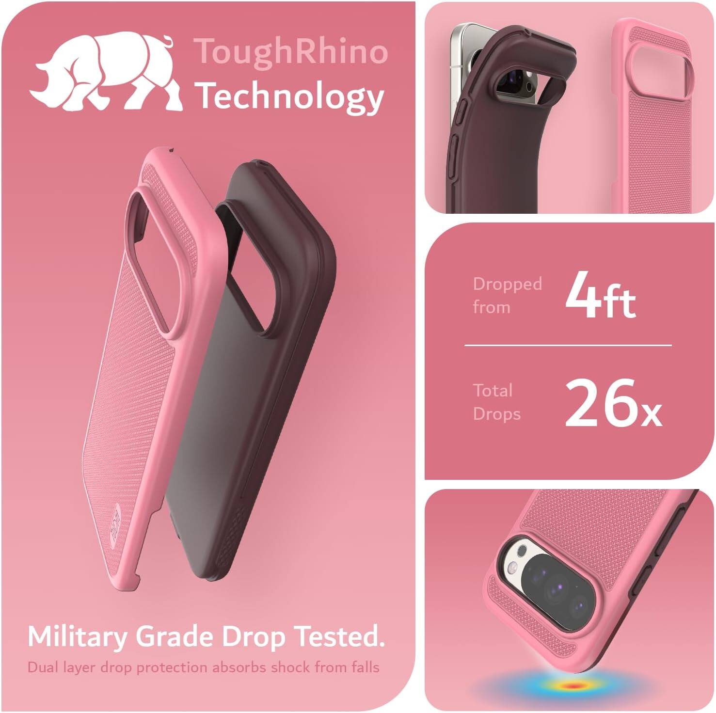 ToughRhino Technology

Dropped from 4ft

Total Drops 26x

Military Grade Drop Tested.
Dual layer drop protection absorbs shock from falls