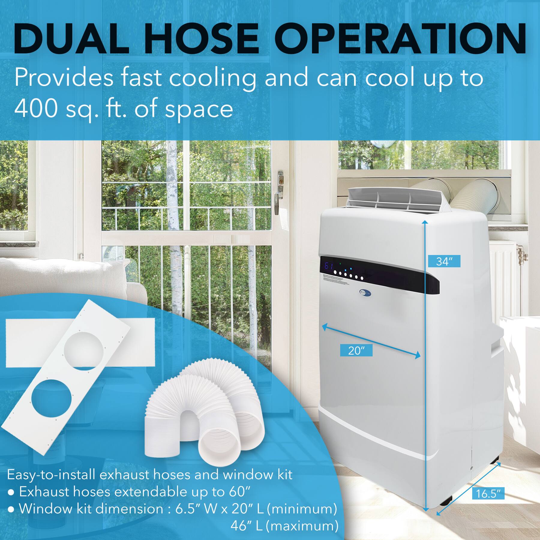 Angle. Whynter - ARC-12SD 12,000 BTU (6,936 BTU SACC) Dual Hose Cooling Portable Air Conditioner, Dehumidifier, and Fan, up to 400 sq ft - Frost White.