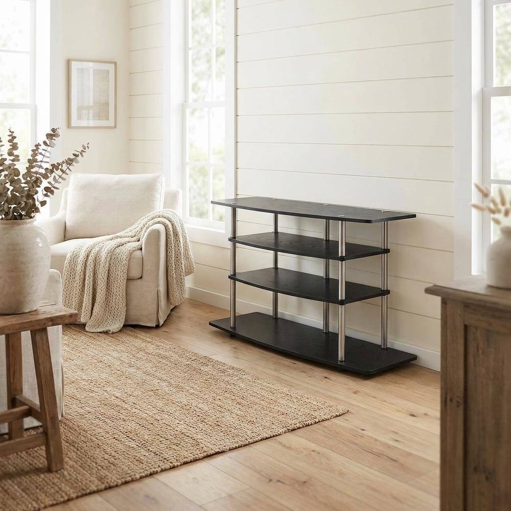 Alt View 2. FurniFact - Black No Tools Wide Highboy TV Stand, Particle Board Shelves, Steel Poles - Black.
