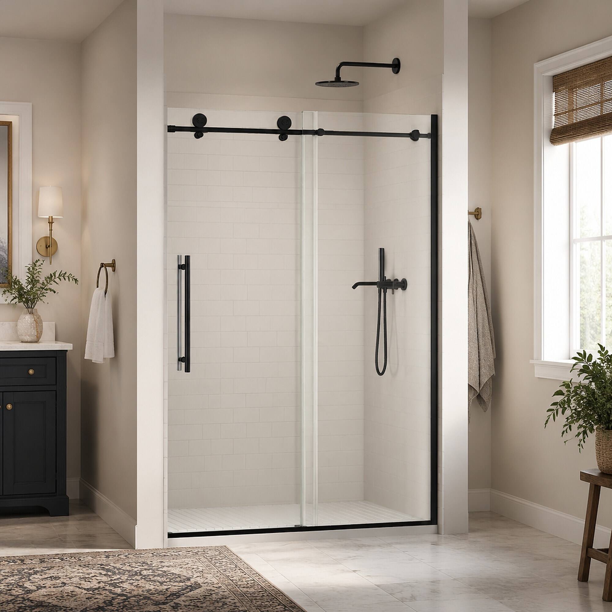 Back. RYHNUYNE - 44-48 In W X 75 In H Frameless Sliding Shower Door, 5/16 In Clear Tempered Glass Matte Black Finish - Matte Black.