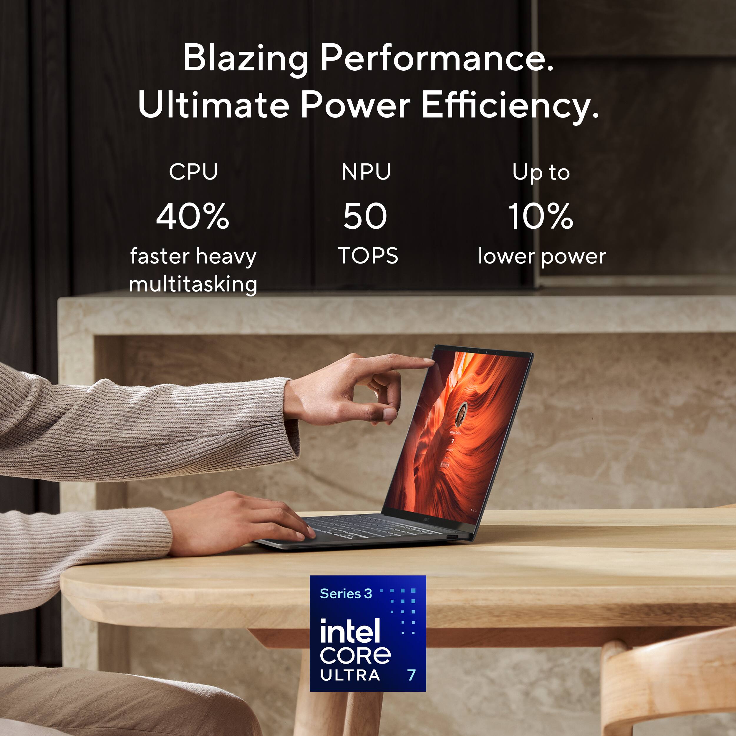 Blazing Performance. Ultimate Power Efficiency.

CPU 40% faster heavy multitasking  
NPU 50 TOPS  
Up to 10% lower power  

Series 3  
Intel Core Ultra 7