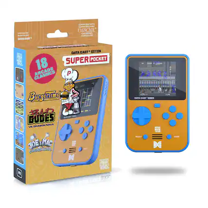 Licensed by Autoris par DATA EAST COMPATIBLE WITH COMPATIBLE ABC EVERCADE CARTRIDGES CARTOUCHES DATA EAST EDITION RIPER NESA SUPER POCKET TECH 18 ARCADE P 411Z BurgerTime BAD DUDES VS DRAGON NINJA VS X JOE&MAC MAC T - NINJA Stazr CAPEAN MLNT PER MEGAI TECH: 6 ECH enit IM I crvasion PAN 20000 addo 0 - PRS DATA EAST mcooe Y + X B A RTPER MESA TECK. SELECT START DE