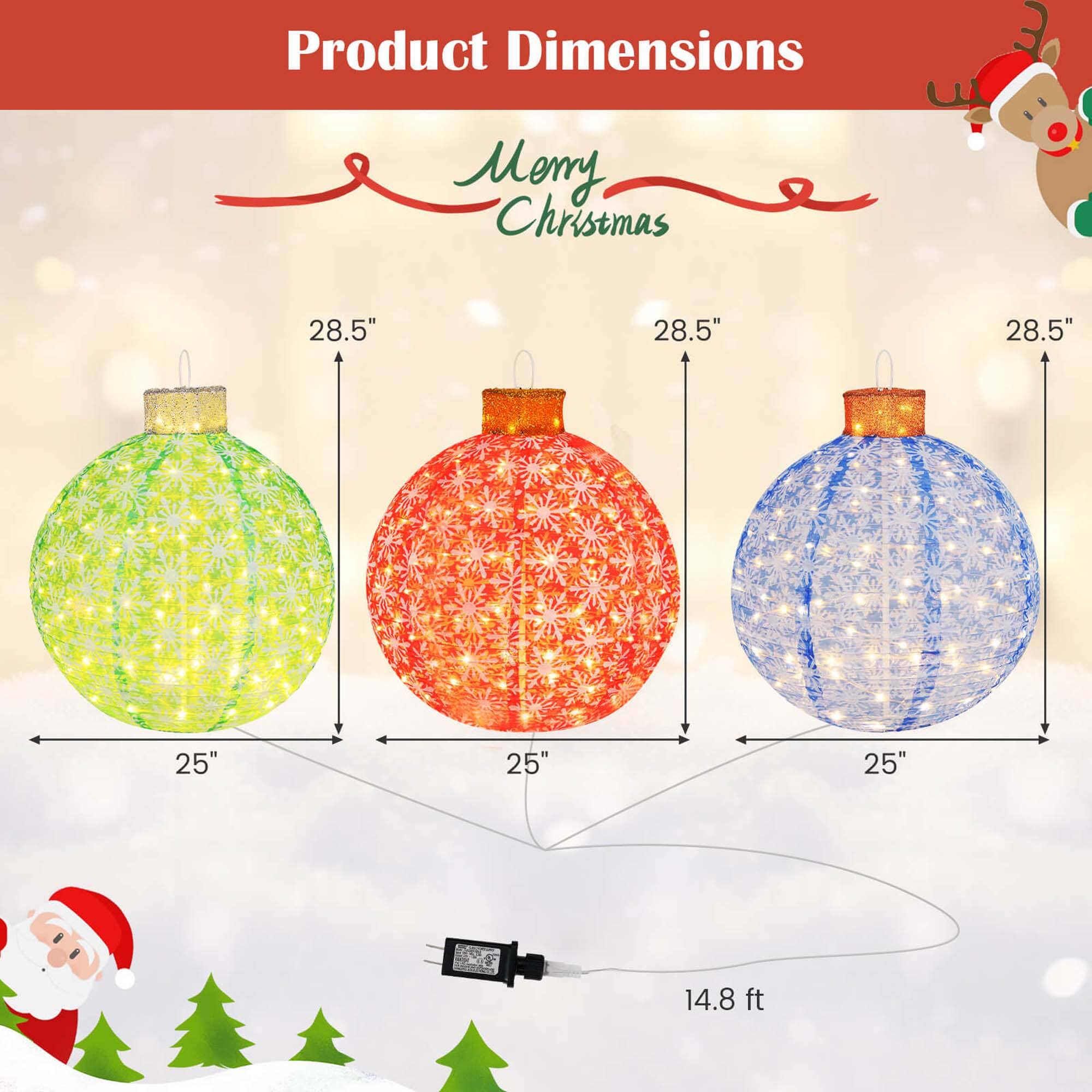 Product Dimensions

Merry Christmas

- Diameter: 28.5"
- Width: 25"
- Length: 14.8 ft