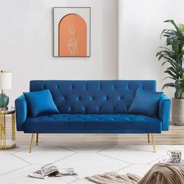 Meqiodas - Convertible Sofa Bed Modern Futon Set, Velvet Foldable Reclining Loveseat, Three Adjustment Angles, Easy Assembly - Blue