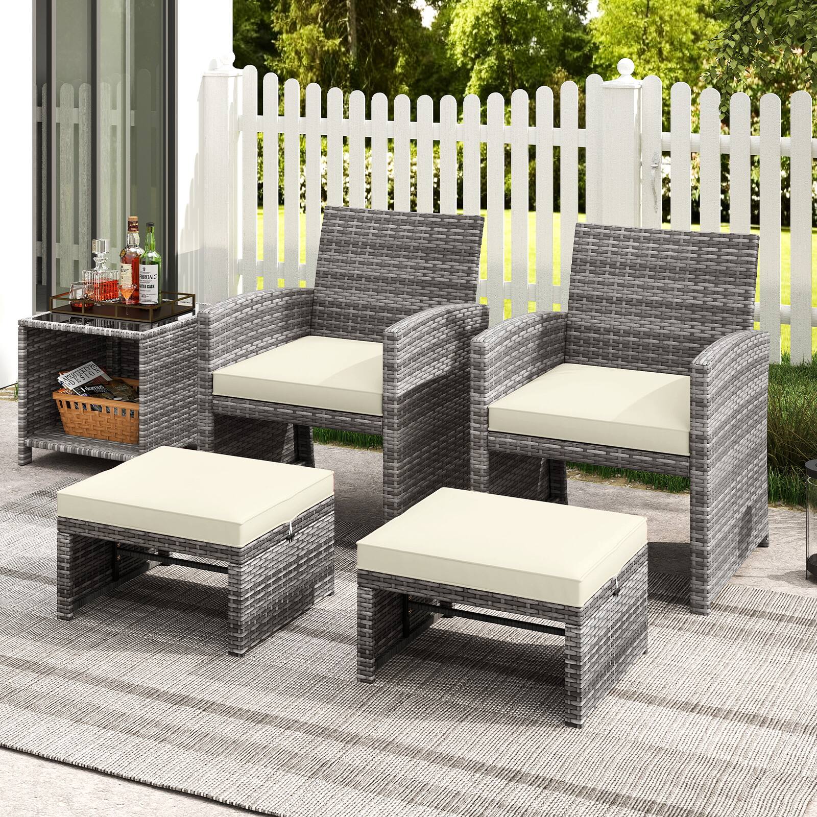 Alt View 7. Gymax - Gymax 2 Pieces Patio PE Rattan Ottomans with Soft Zippered Cushions for Deck White - White.