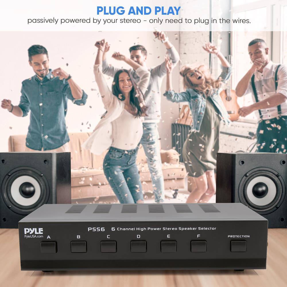 PLUG AND PLAY  
passively powered by your stereo - only need to plug in the wires.

PYLE  
PyleUSA.com  
PSS6 6 Channel High Power Stereo Speaker Selector  
A B C D E F  
PROTECTION