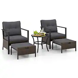 Gymax - Set of 5 Furniture Set Rattan Chairs & Ottomans w/ Glass Topped Coffee Table Patio - Gray