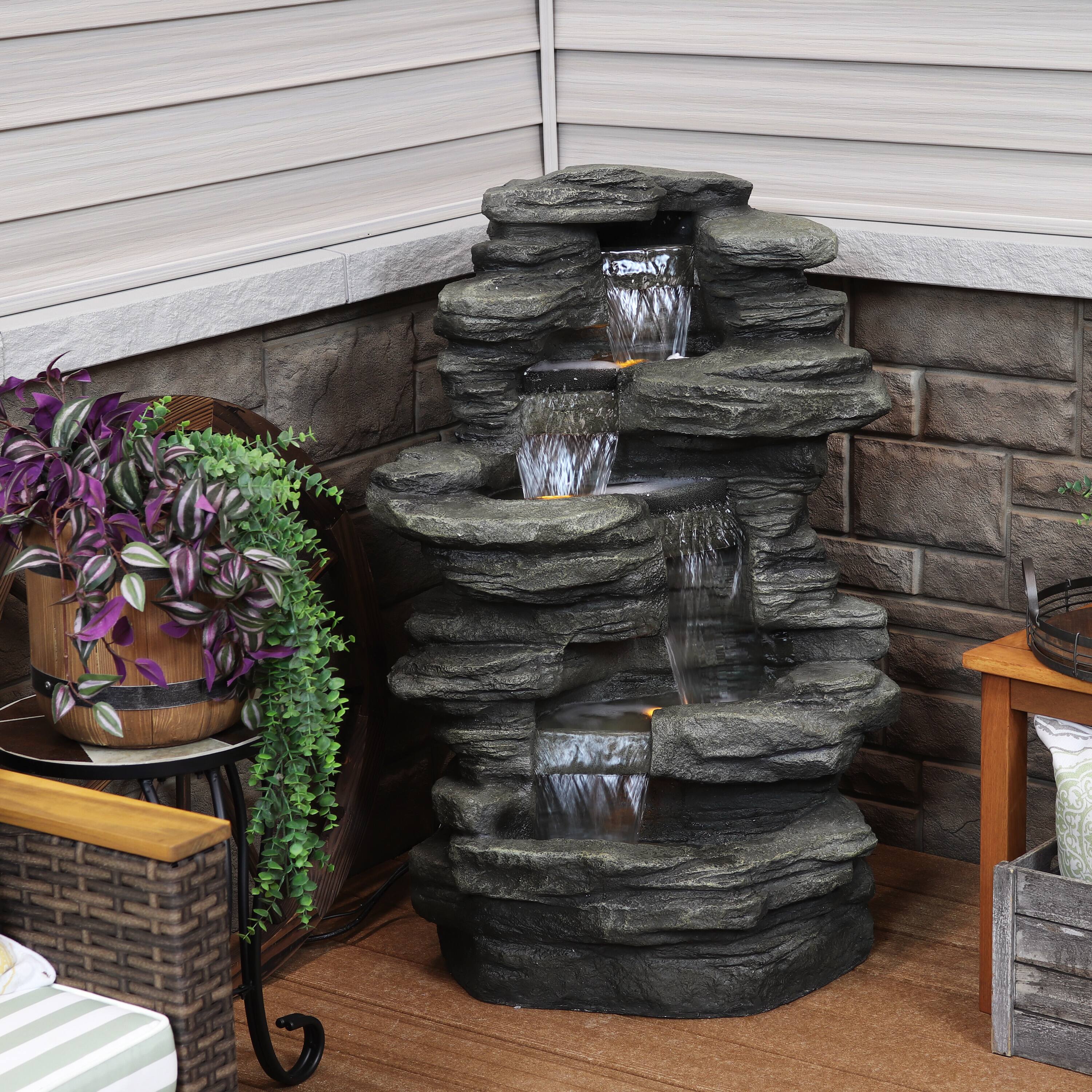 Alt View 4. Sunnydaze - Electric Stacked Shale Water Fountain with LED Lights - 38 in - Grey.