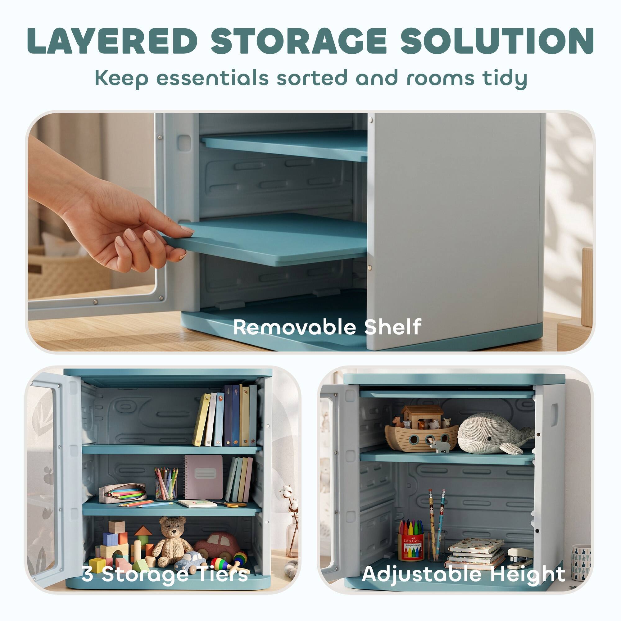 LAYERED STORAGE SOLUTION  
Keep essentials sorted and rooms tidy

- Removable Shelf
- 3 Storage Tiers
- Adjustable Height