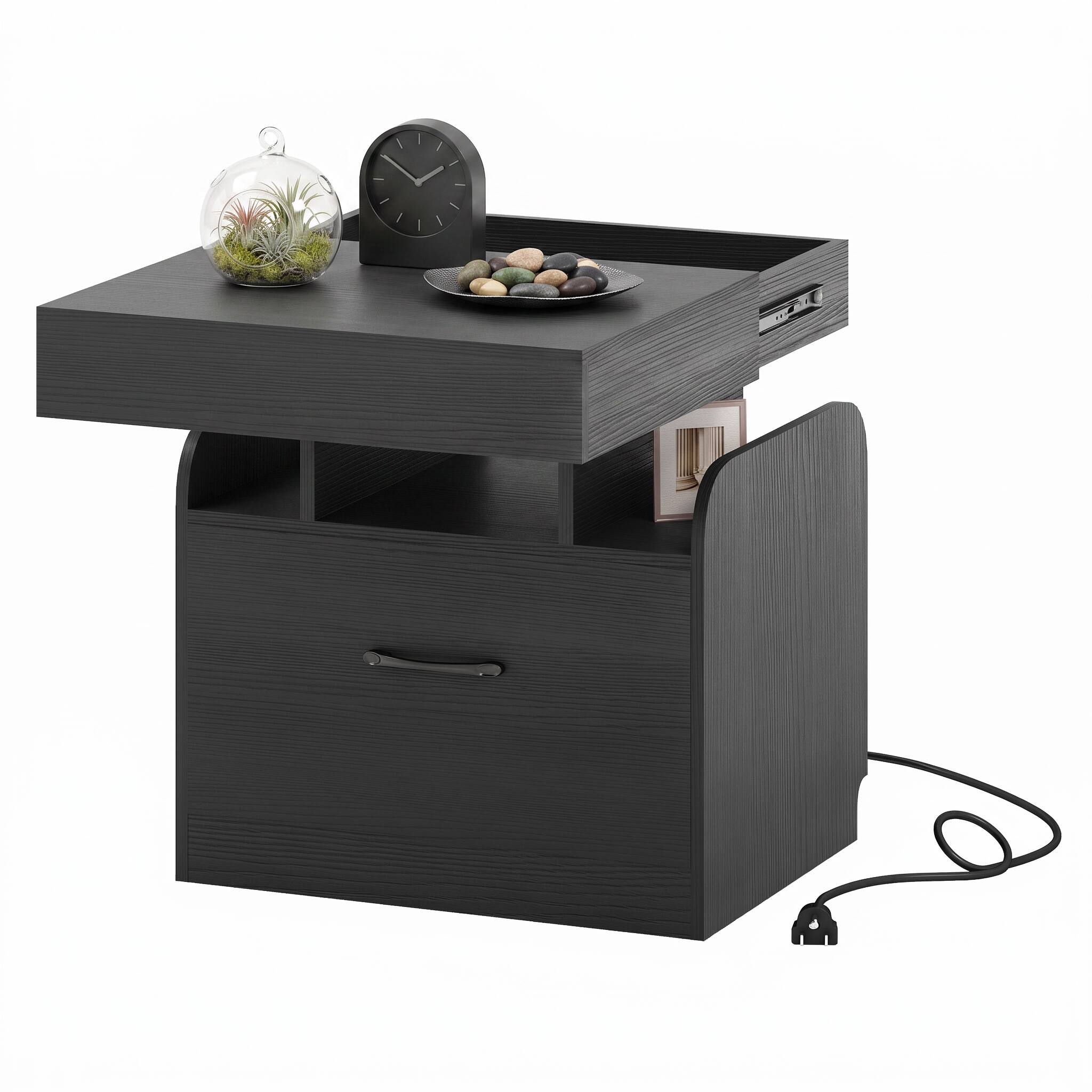 Back. WELLFOR - Modern Nightstand with Charging Station for Bedroom & Living Room - Black.