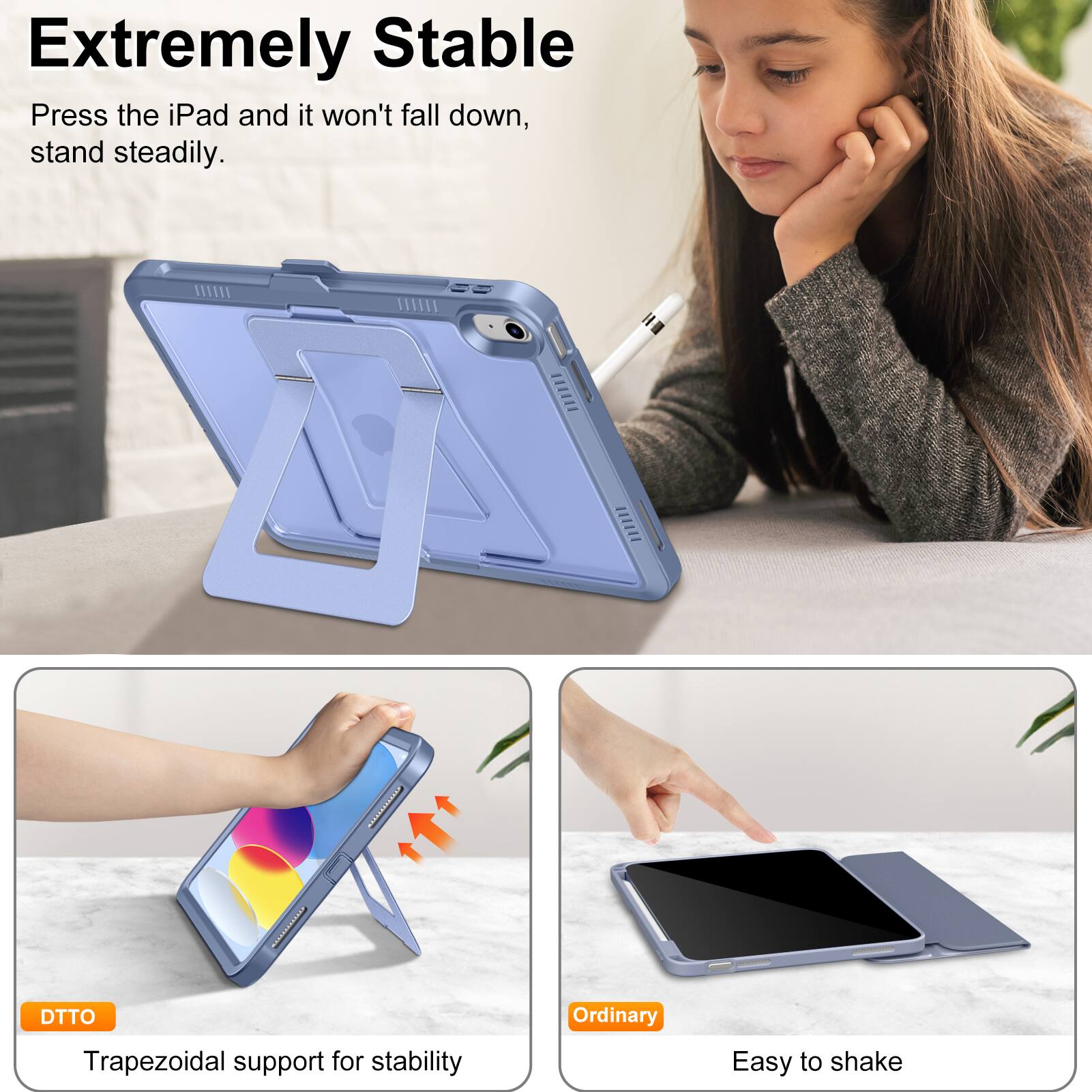 Extremely Stable  
Press the iPad and it won't fall down, stand steadily.  

DTTO  
Trapezoidal support for stability  

Ordinary  
Easy to shake