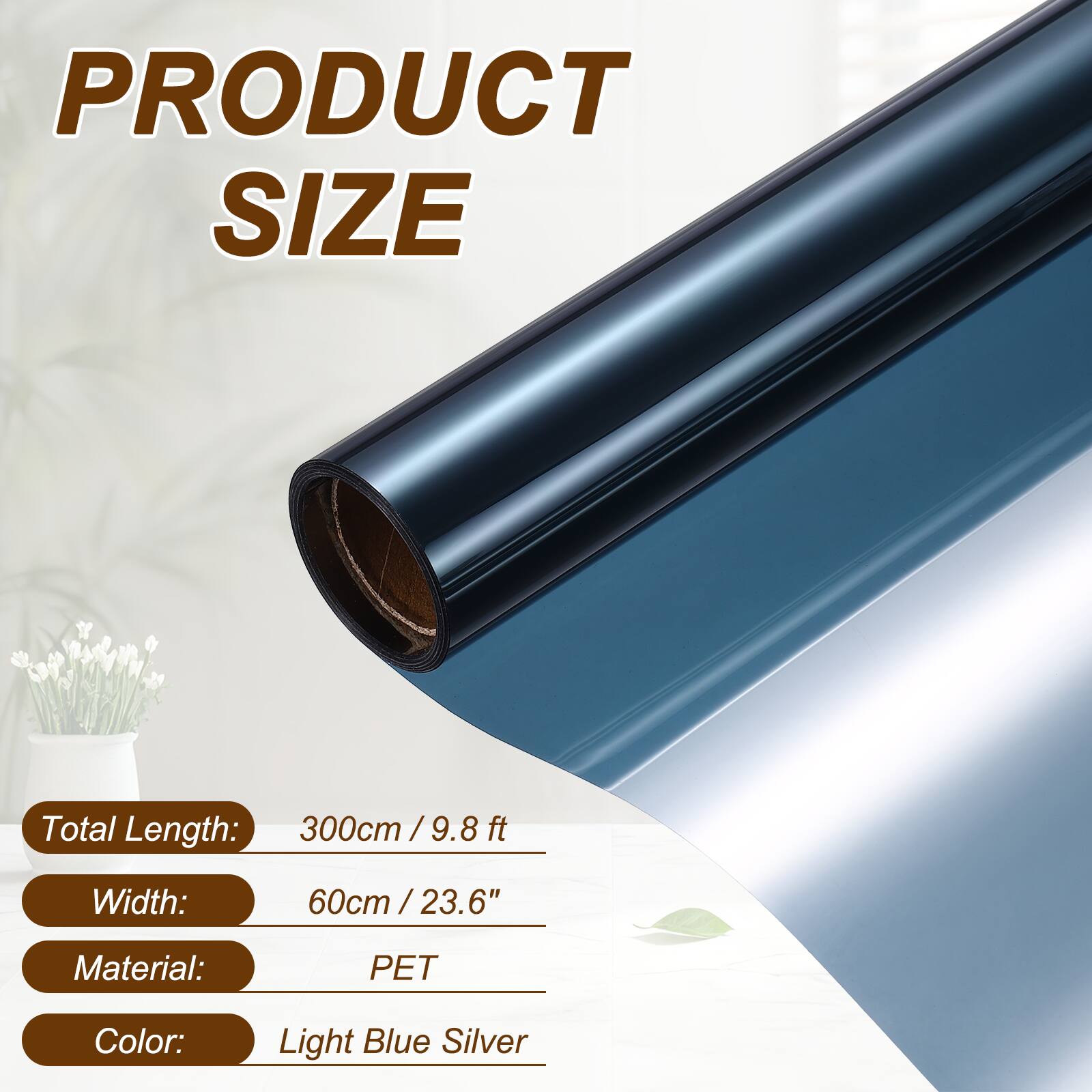 PRODUCT SIZE

Total Length: 300cm / 9.8 ft  
Width: 60cm / 23.6"  
Material: PET  
Color: Light Blue Silver