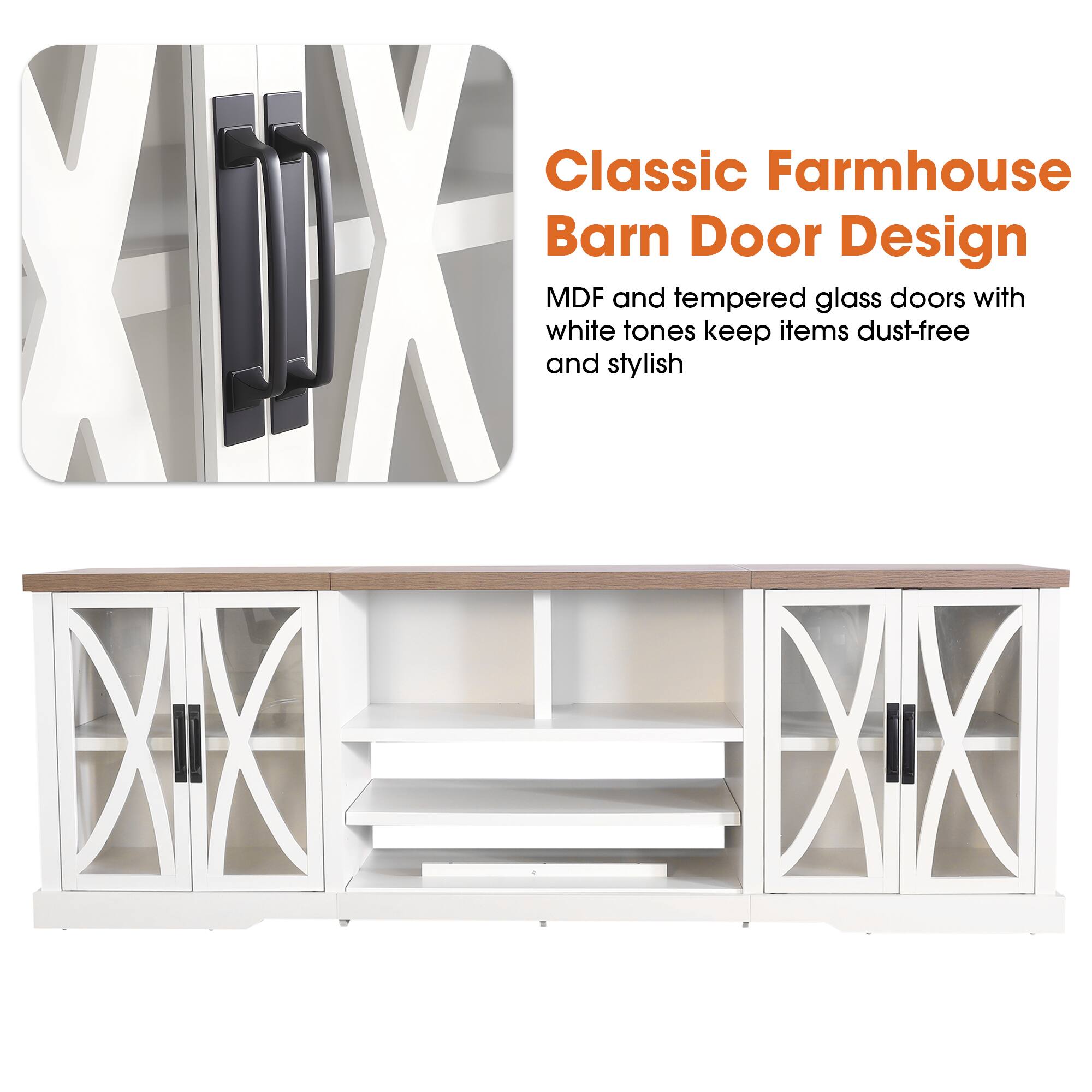 Classic Farmhouse Barn Door Design  
MDF and tempered glass doors with white tones keep items dust-free and stylish