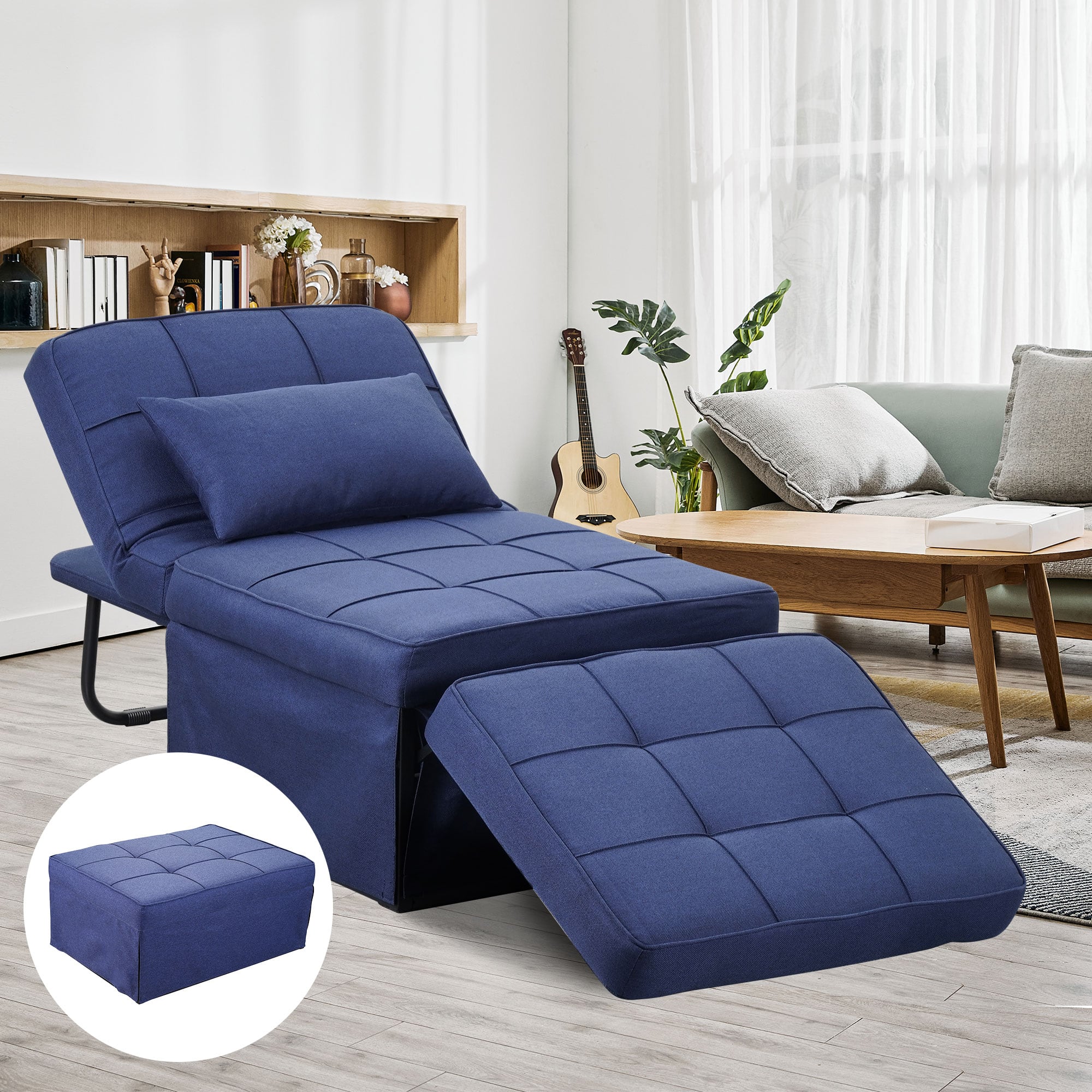 Ainfox - Convertible Sofa Sleeper Bed, 4 in 1 Multi-Function Folding Ottoman Bed with Adjustable Backrest, Modern Futon Couch - Blue