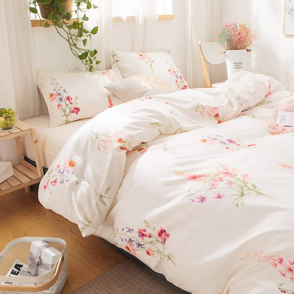 PO3TICJUNKI3 - Botanical Floral Comforter Set Flowers Printed Soft Microfiber Pastoral Style Bedding Queen 1 2 Pillowcases - Offwhite-Queen