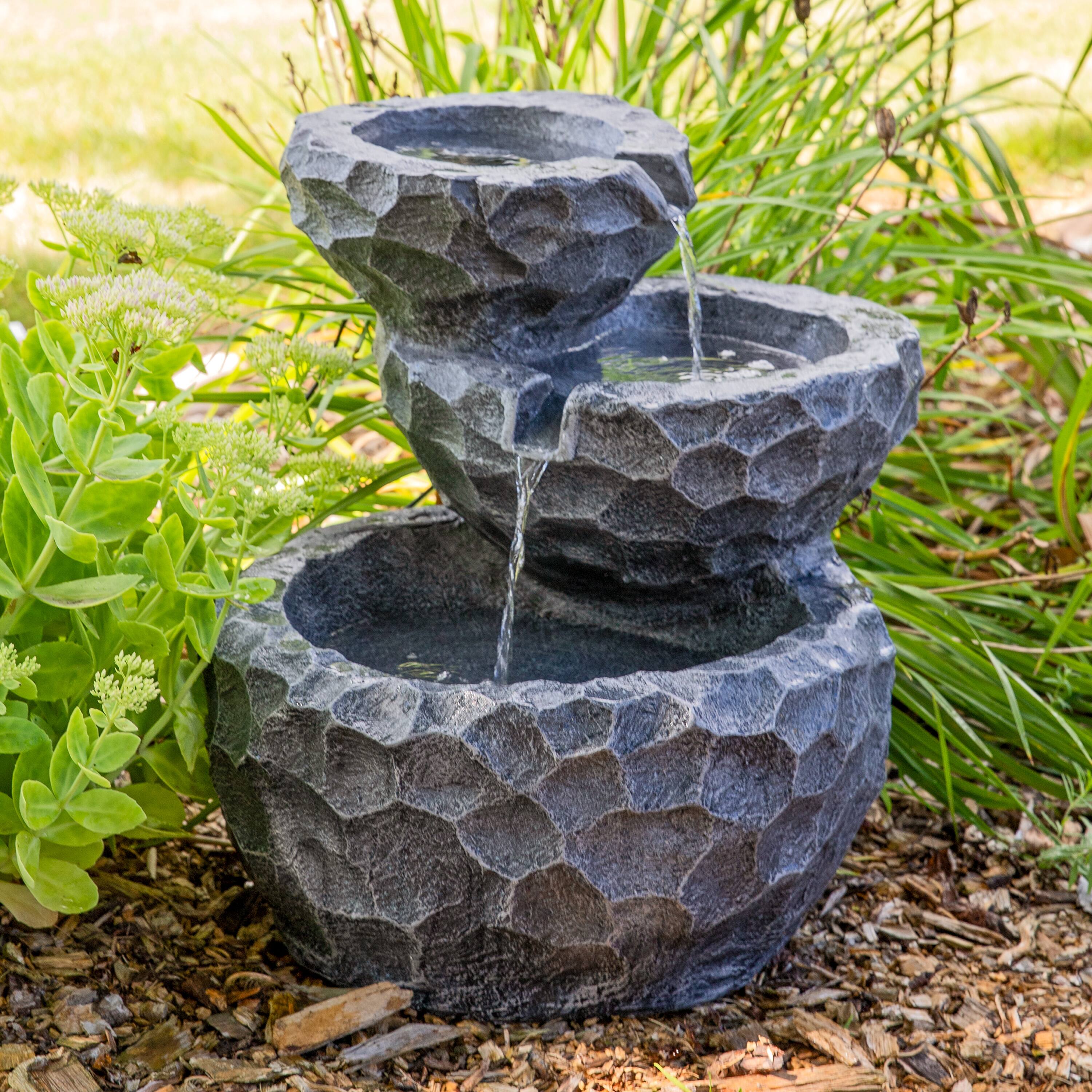 Alt View 8. Sunnydaze - 3-Tier Chiseled Basin Solar Water Fountain with Battery - 17 in - Grey.
