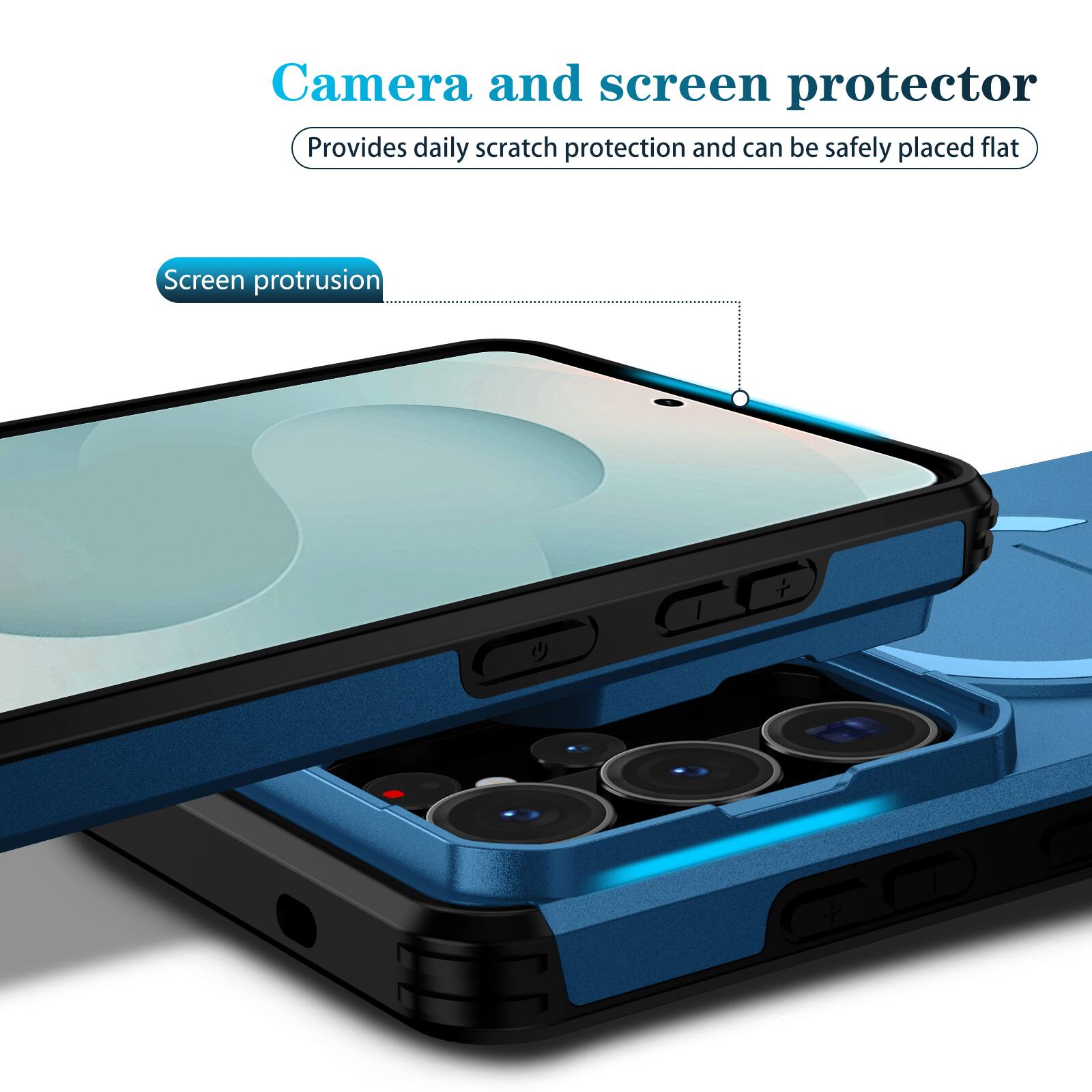 Camera and screen protector  
Provides daily scratch protection and can be safely placed flat  
Screen protrusion