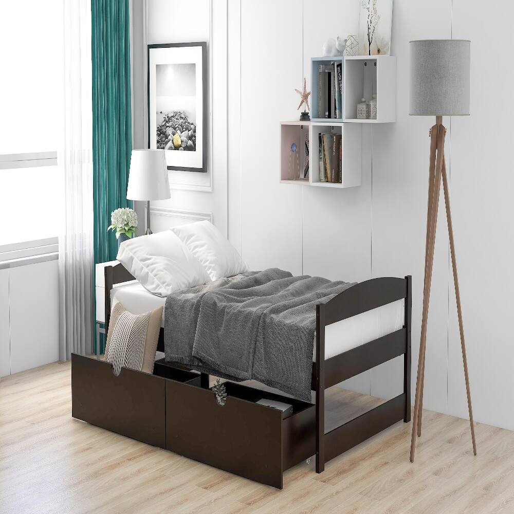 Back. Loheer - Loheer Twin Platform Bed with Drawers Espresso Wood Frame - Espresso.