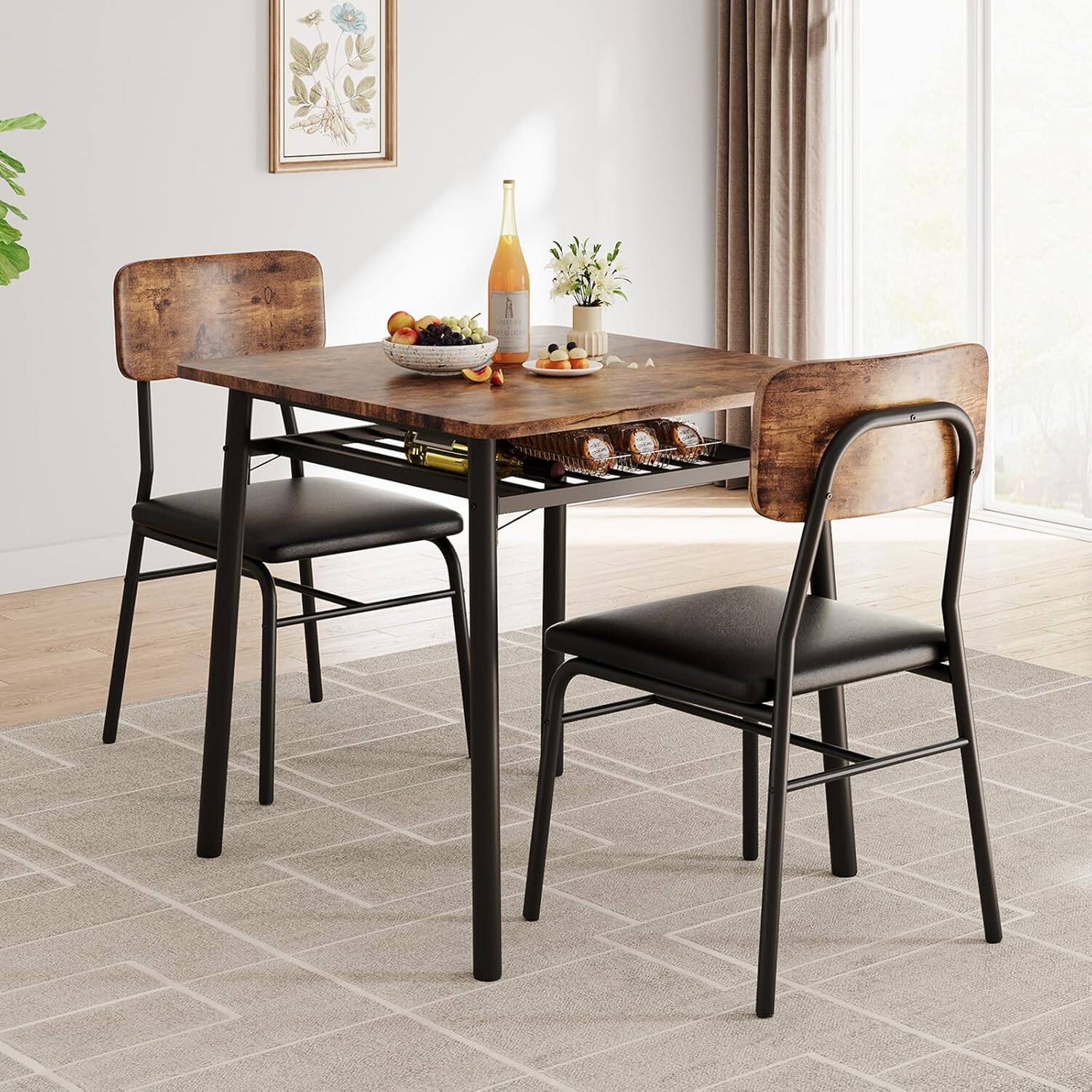 Front. Qeetex - 3-Piece Square Dining Set for 2 with Storage, Metal Frame Table & 2 Upholstered Chairs - Brown.
