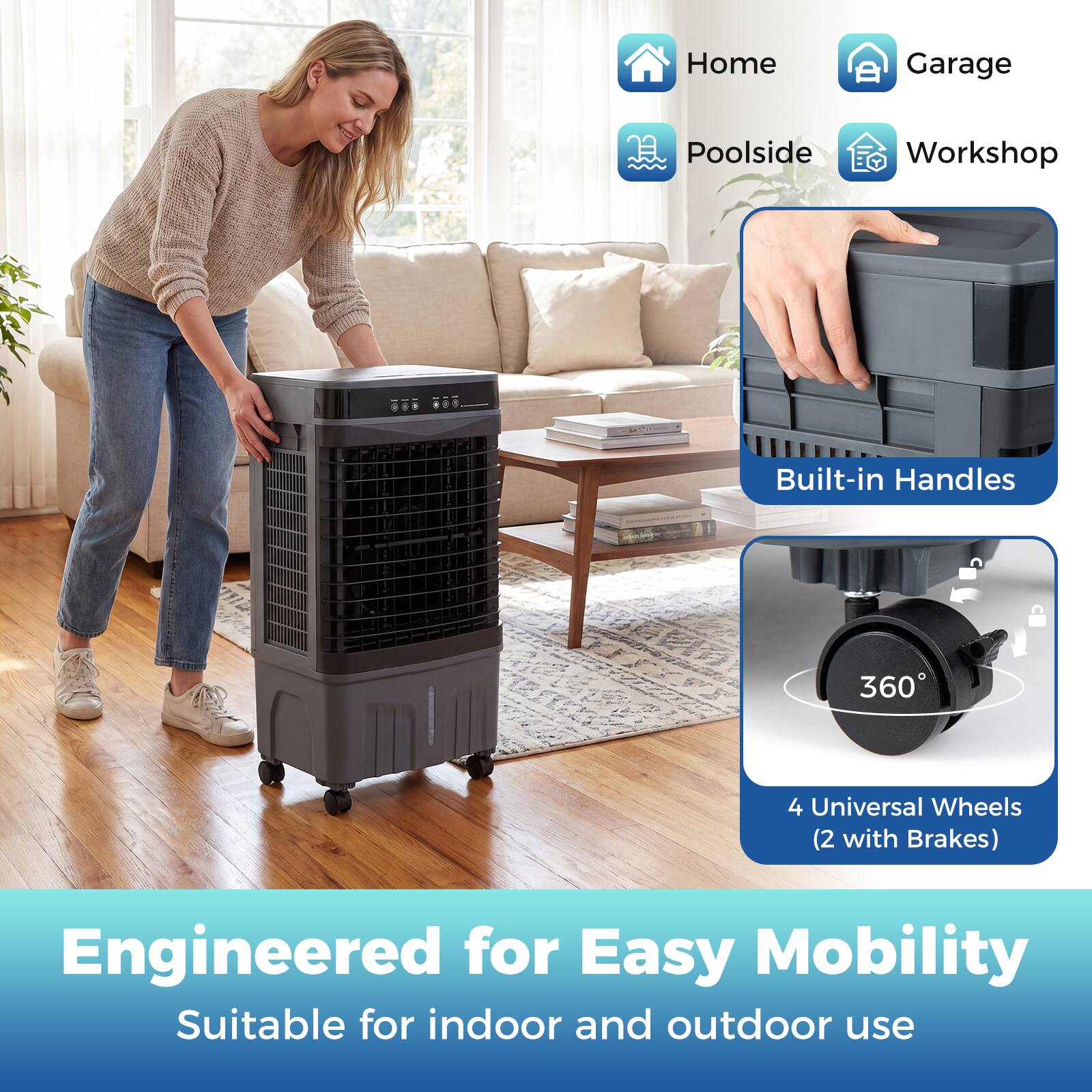 Home Garage Poolside Workshop Built-in Handles 360° 4 Universal Wheels (2 with Brakes) Engineered for Easy Mobility Suitable for indoor and outdoor use