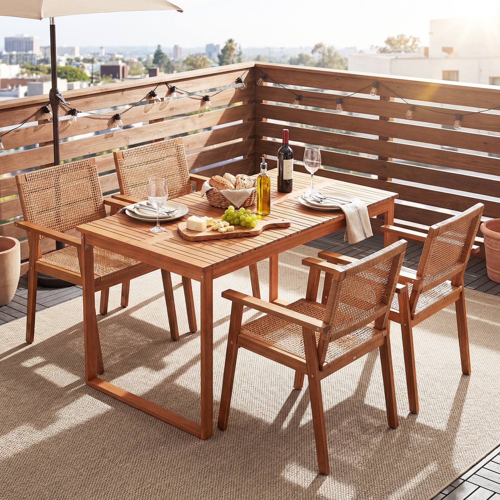 Alt View 1. Gymax - Gymax 5PCS Acacia Wood Dining Set Outdoor Table & Rattan Chairs for Balcony Poolside - Yellow.