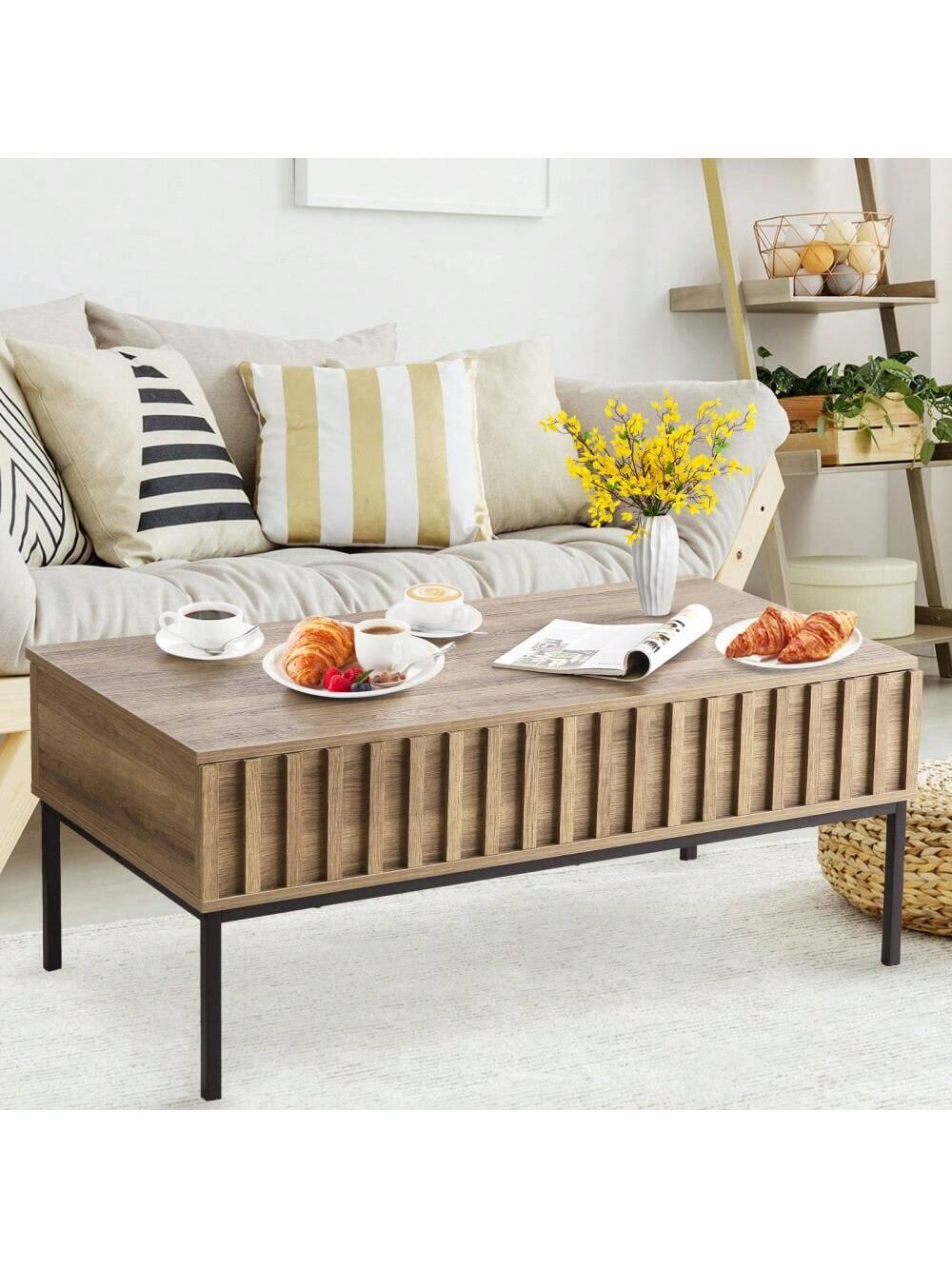 Front. Acekool - Lift Top Coffee Table with Storage Shelf & Hidden Compartment - Natural.
