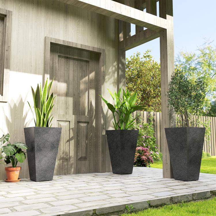 Alt View 2. PULUZ - 28 inch Tall Planters, Set of 3 Plastic Flower Pots with Marble Finish and Drainage Holes, Stackable Taper Planters - Black.