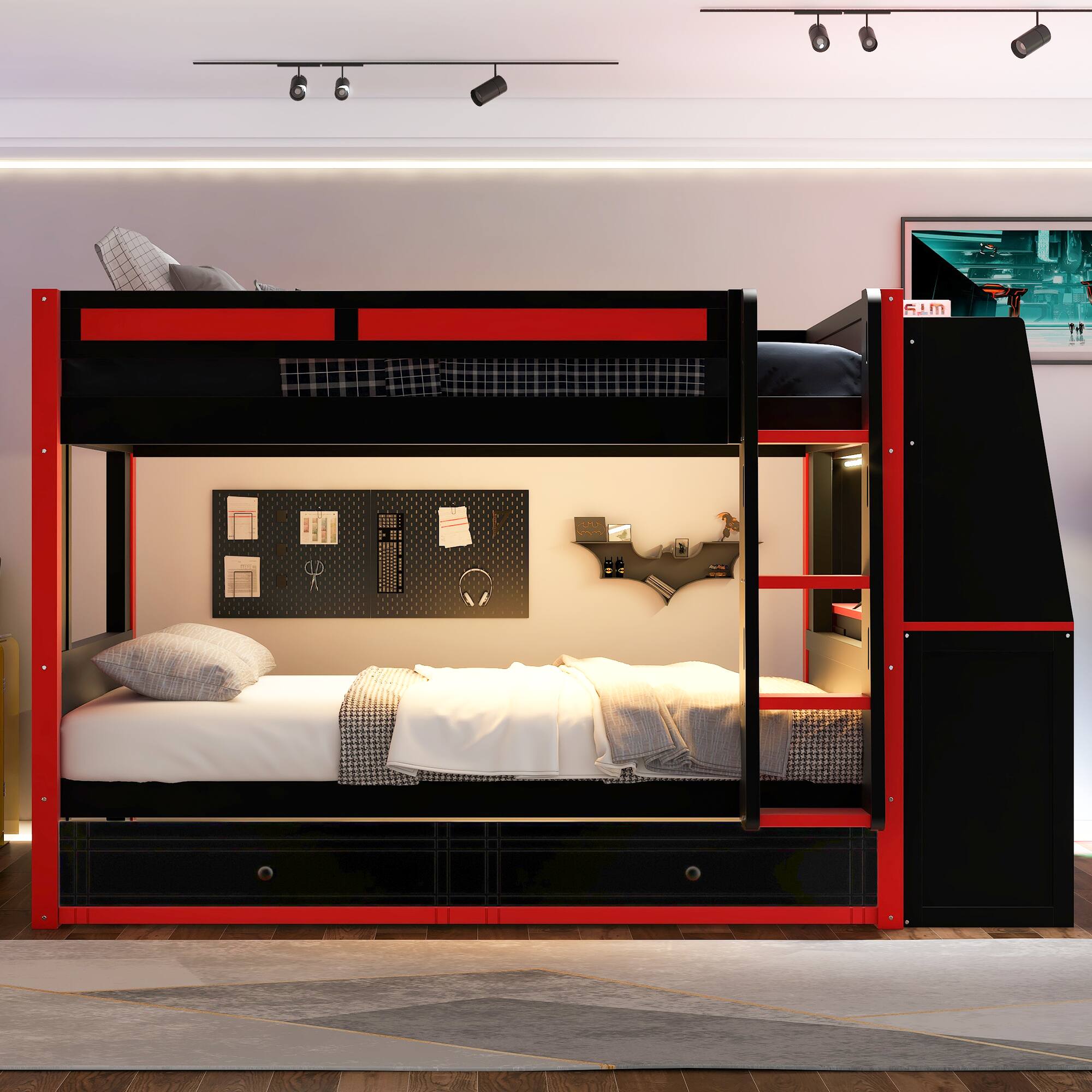 Left. Whisen - Full Size Multifunctional Bunk Bed with LED Lights, Integrated Desk, Shelves & Drawers-Red+Black - Black.