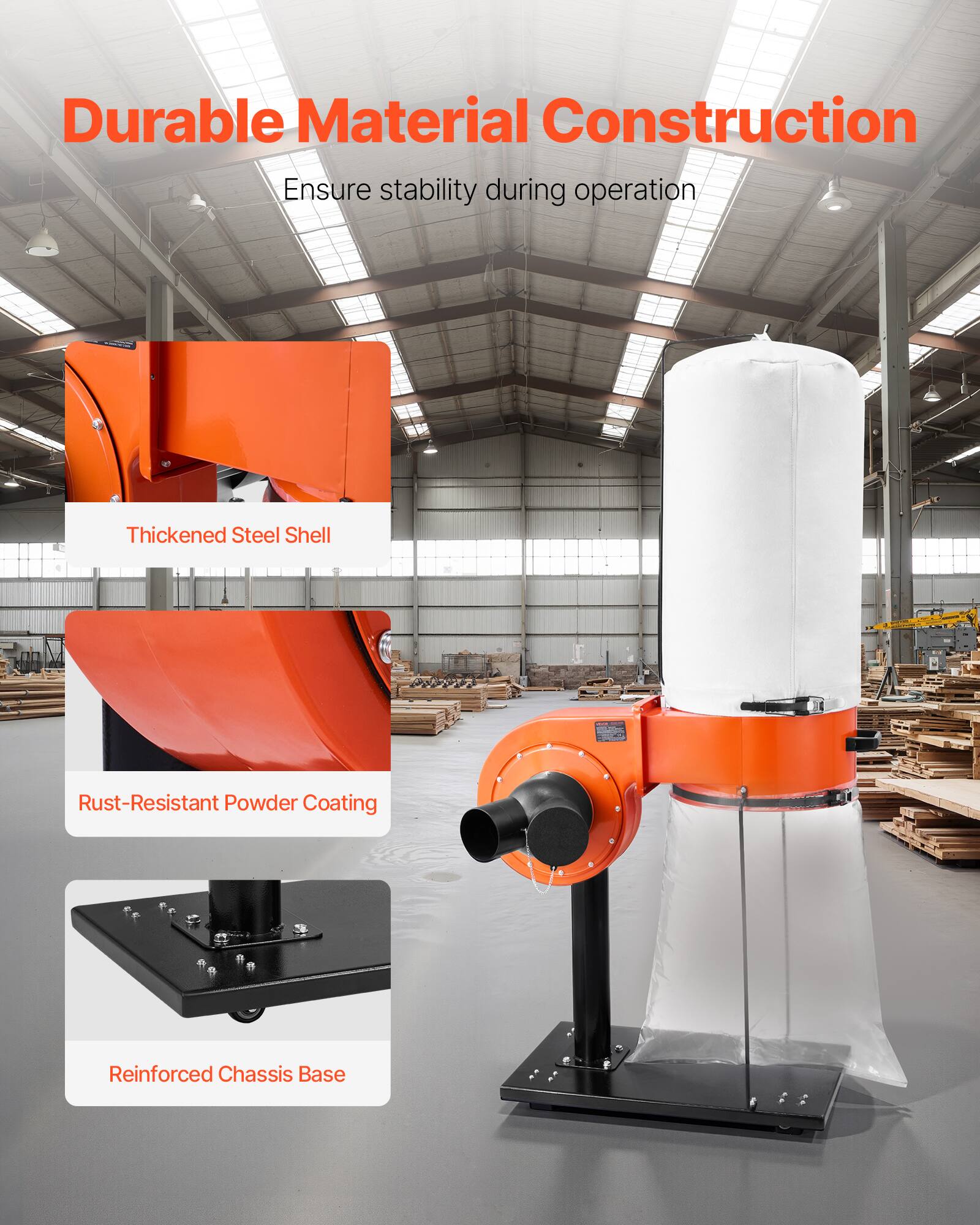 Durable Material Construction  
Ensure stability during operation

- Thickened Steel Shell
- Rust-Resistant Powder Coating
- Reinforced Chassis Base