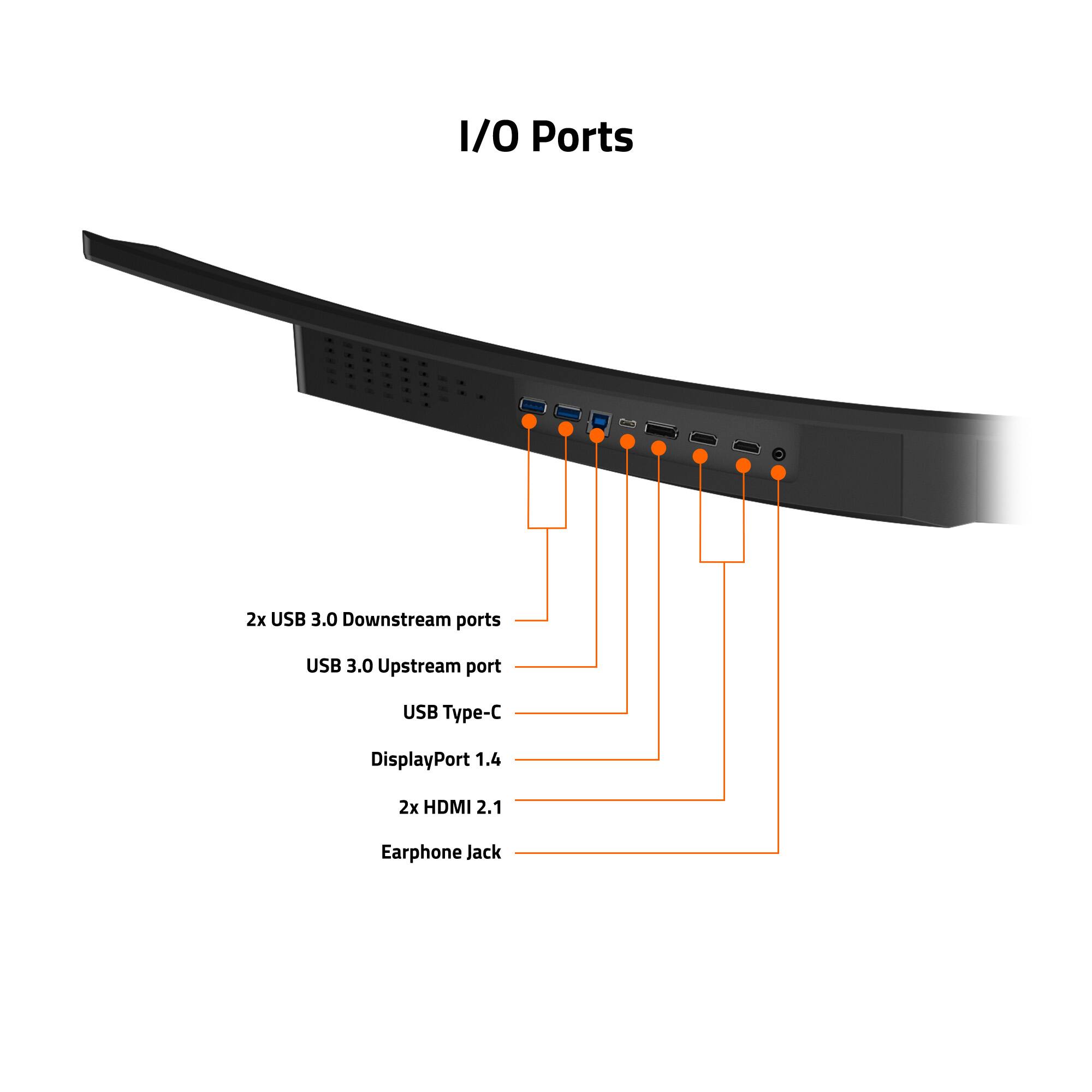 I/O Ports  
2x USB 3.0 Downstream ports  
USB 3.0 Upstream port  
USB Type-C  
DisplayPort 1.4  
2x HDMI 2.1  
Earphone Jack