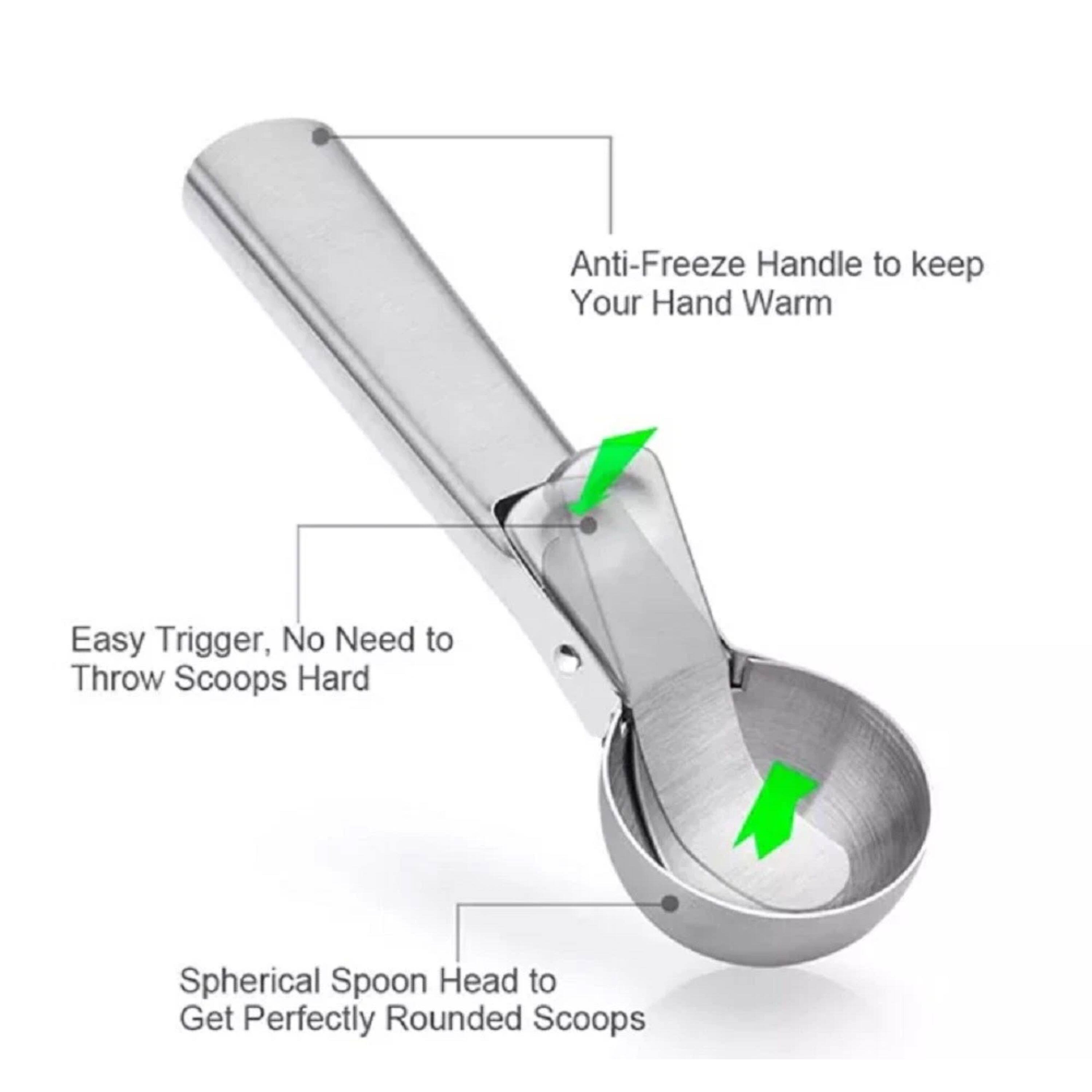 Anti-Freeze Handle to keep Your Hand Warm

Easy Trigger, No Need to Throw Scoops Hard

Spherical Spoon Head to Get Perfectly Rounded Scoops