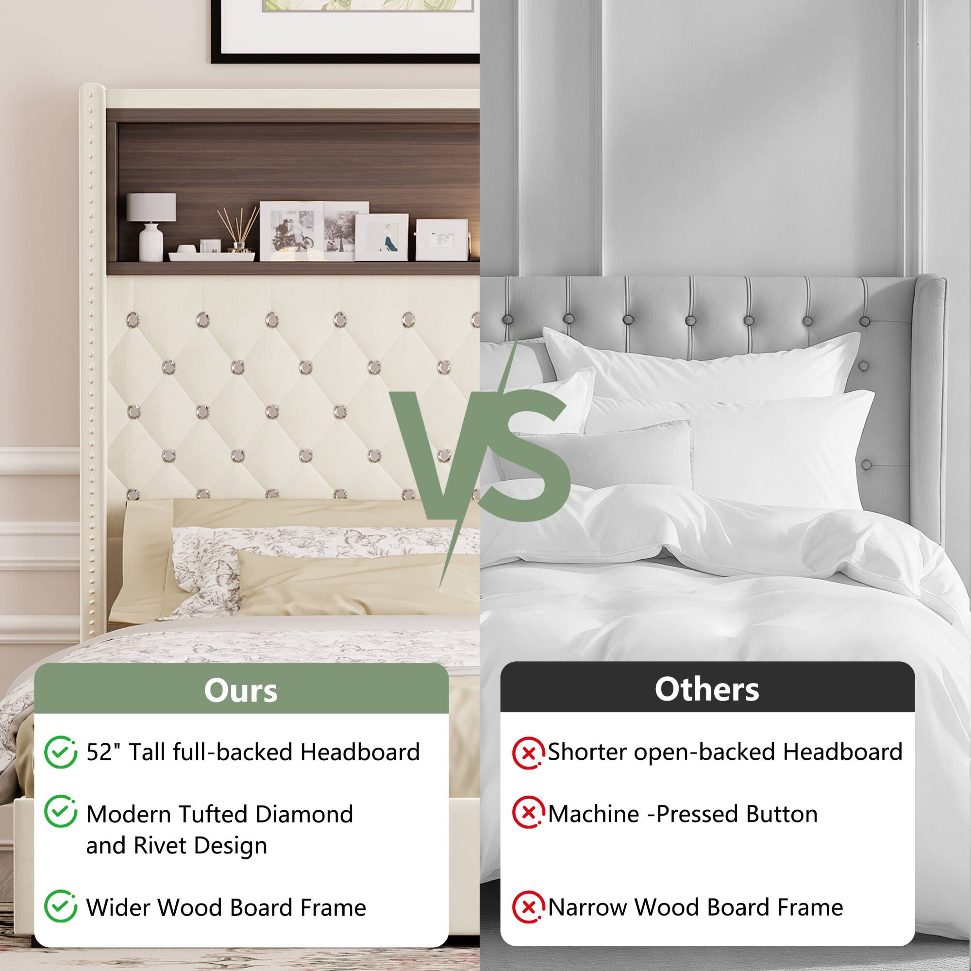 VS

Ours
- 52" Tall full-backed Headboard
- Modern Tufted Diamond and Rivet Design
- Wider Wood Board Frame

Others
- Shorter open-backed Headboard
- Machine-Pressed Button
- Narrow Wood Board Frame