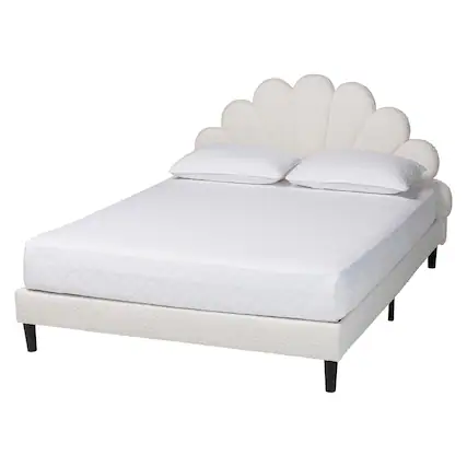 Front. Baxton Studio - Albion Boucle Upholstered Platform Bed – Soft Fabric Queen Size Bed Frame with Padded Headboard - Cream.