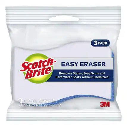 3 PACK Scotch-Brite EASY ERASER
Removes Stains, Soap Scum and Hard Water Spots Without Chemicals!
3 DISPOSABLE CLEANING PADS (4.4 IN x 2.6 IN / 111 mm x 66 mm) EA