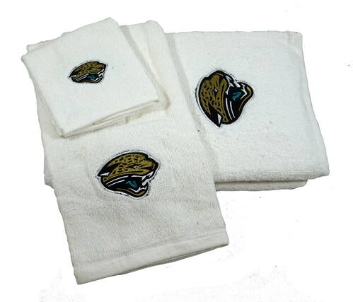 Front. Northwest - Jacksonville Football Jaguars 3 Piece White Embroidered Bathroom Towel Set ~ Includes Bath Towel, Hand Towel & Washcloth - Multi.