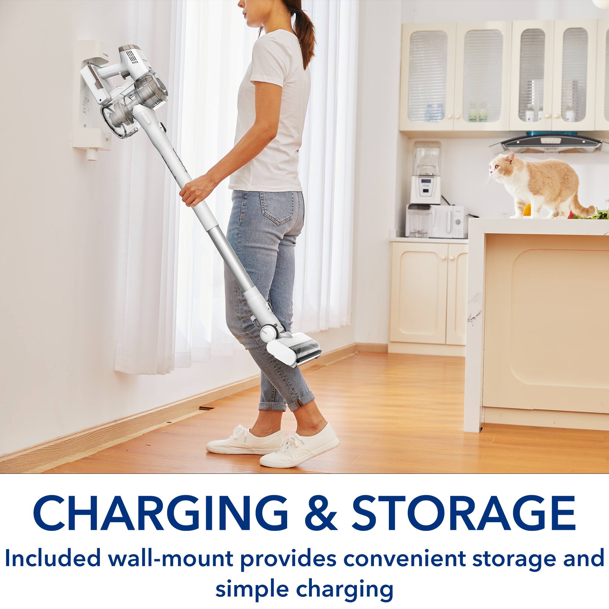 CHARGING & STORAGE Included wall-mount provides convenient storage and simple charging.