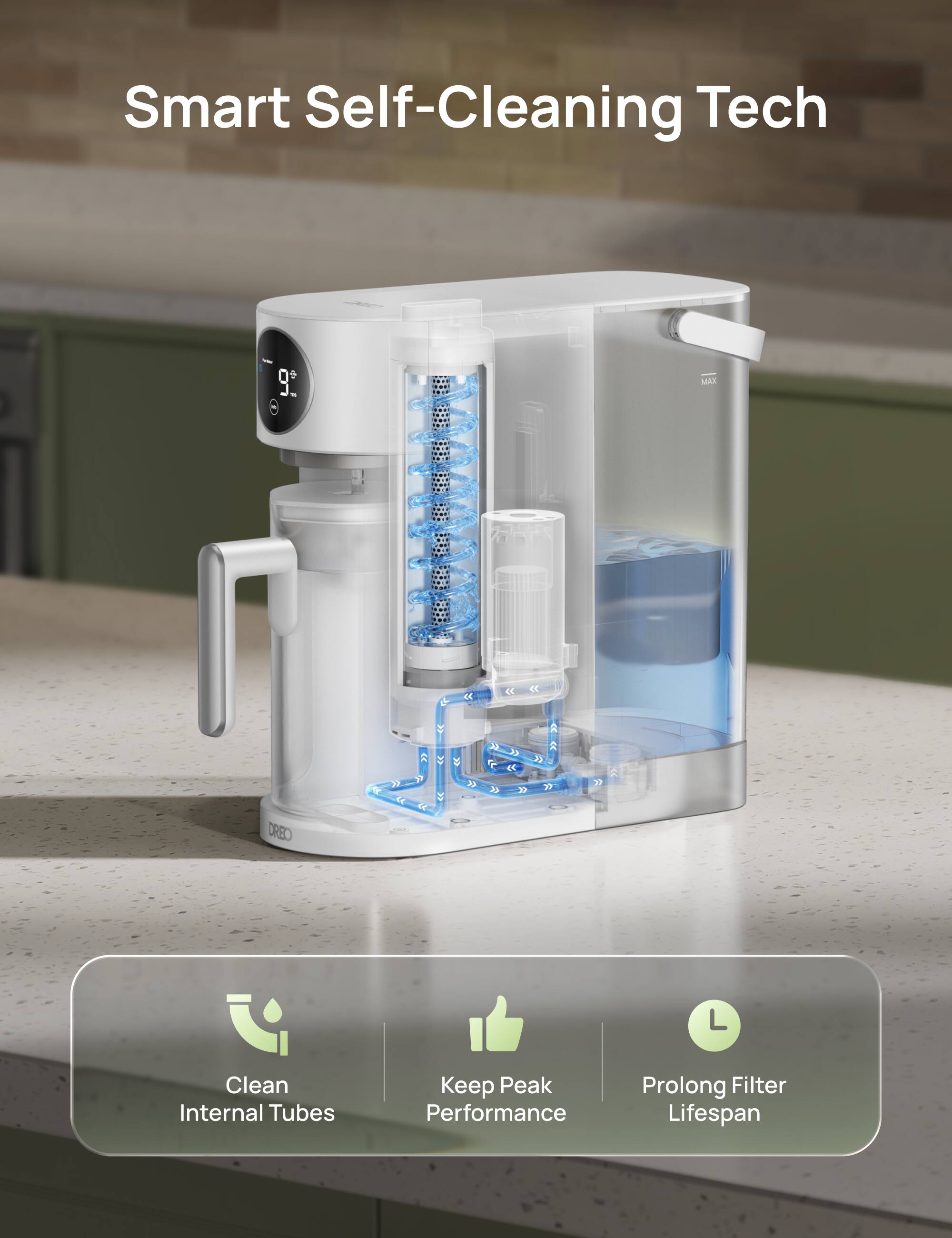 Smart Self-Cleaning Tech

- Clean Internal Tubes
- Keep Peak Performance
- Prolong Filter Lifespan