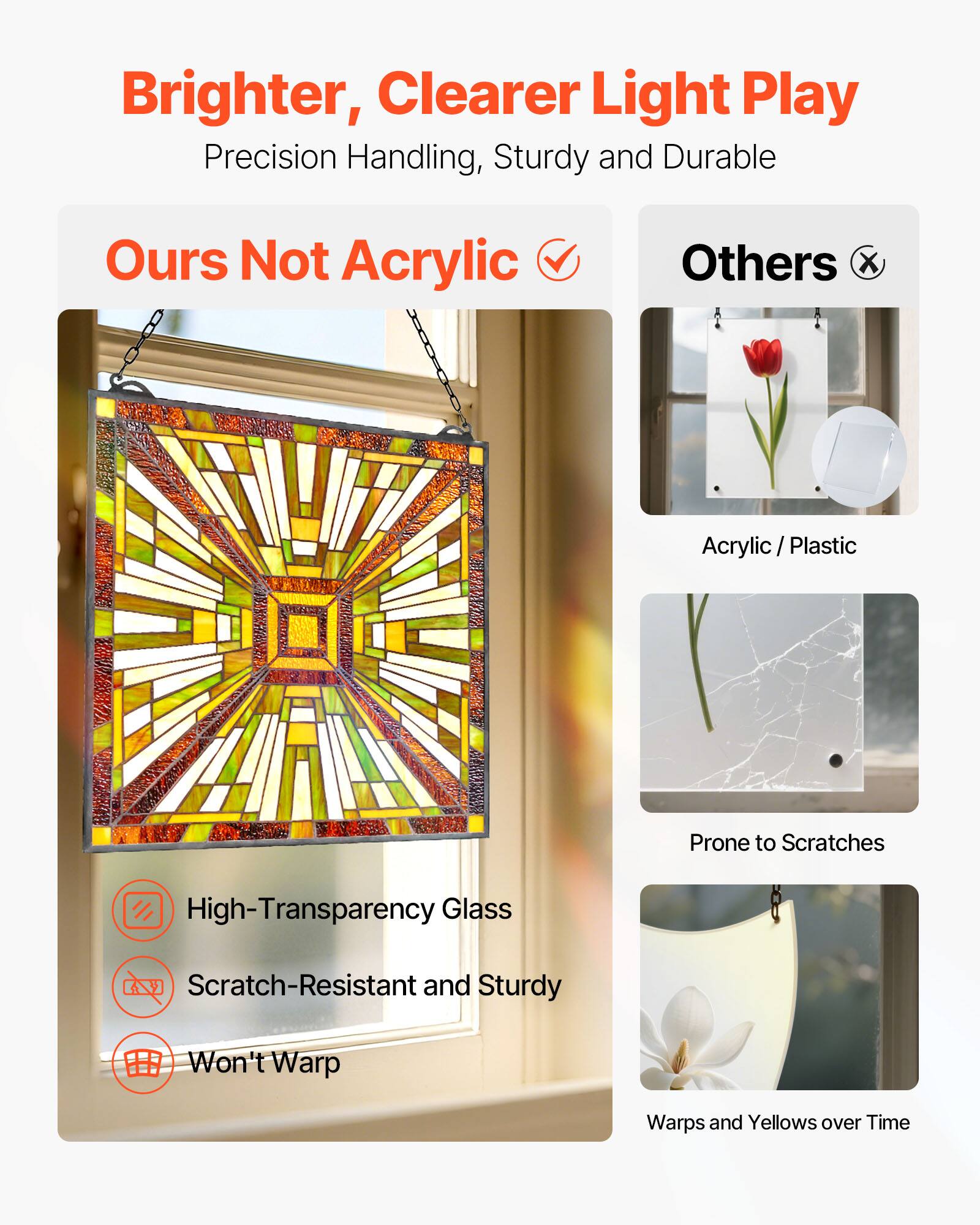 Brighter, Clearer Light Play  
Precision Handling, Sturdy and Durable  

Ours Not Acrylic  
High-Transparency Glass  
Scratch-Resistant and Sturdy  
Won't Warp  

Others  
Acrylic / Plastic  
Prone to Scratches  
Warps and Yellows over Time