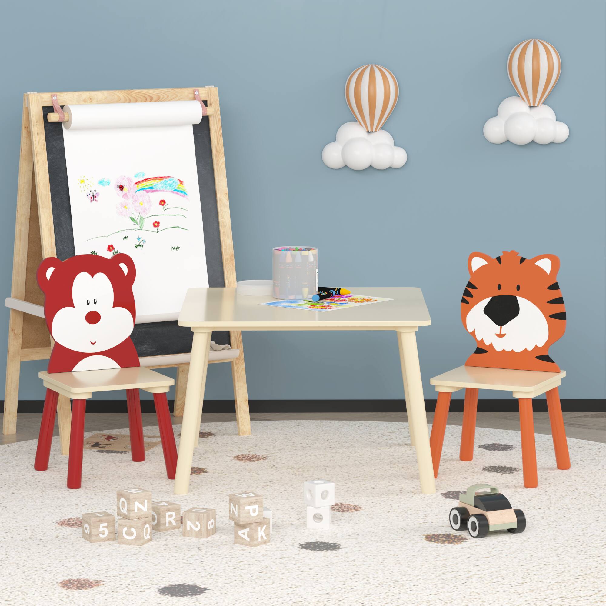 Alt View 4. GOODSILO - Kids Table and 2 Chairs Set - 3 Piece Toddler Activity Play Table Set (Bear & Tiger) - Natural.