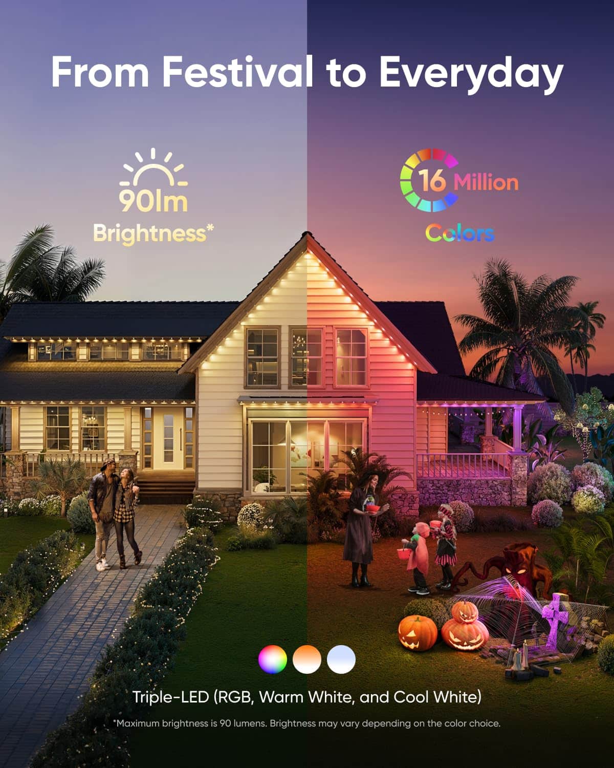 From Festival to Everyday
90lm Brightness*
16 Million Colors
Triple-LED (RGB, Warm White, and Cool White)
"Maximum brightness is 90 lumens. Brightness may vary depending on the color choice.