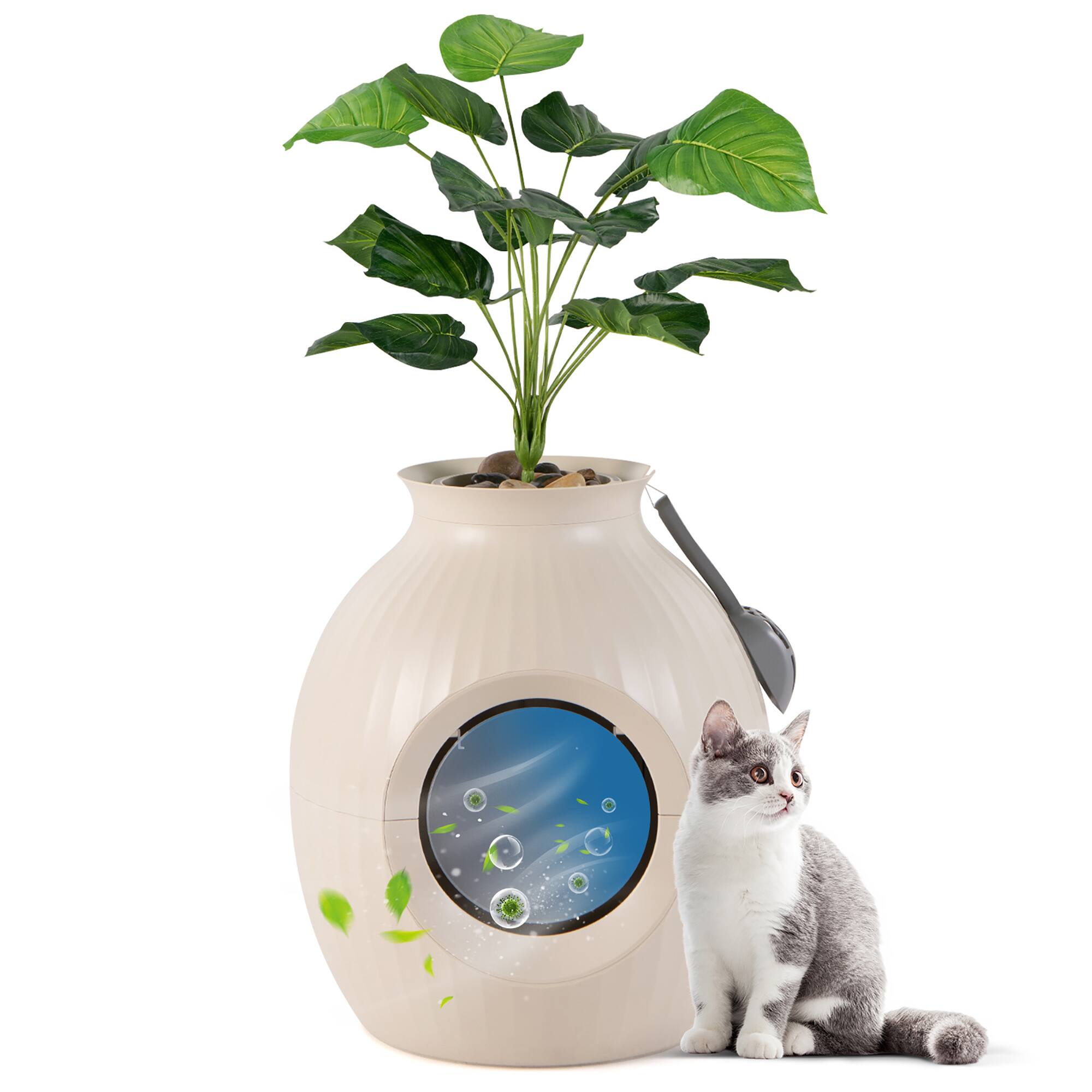 Front. Gymax - Gymax Plant Cat Litter Box w/ Smart Odor Removal Hidden Cat Litter Box Furniture - White, Green.