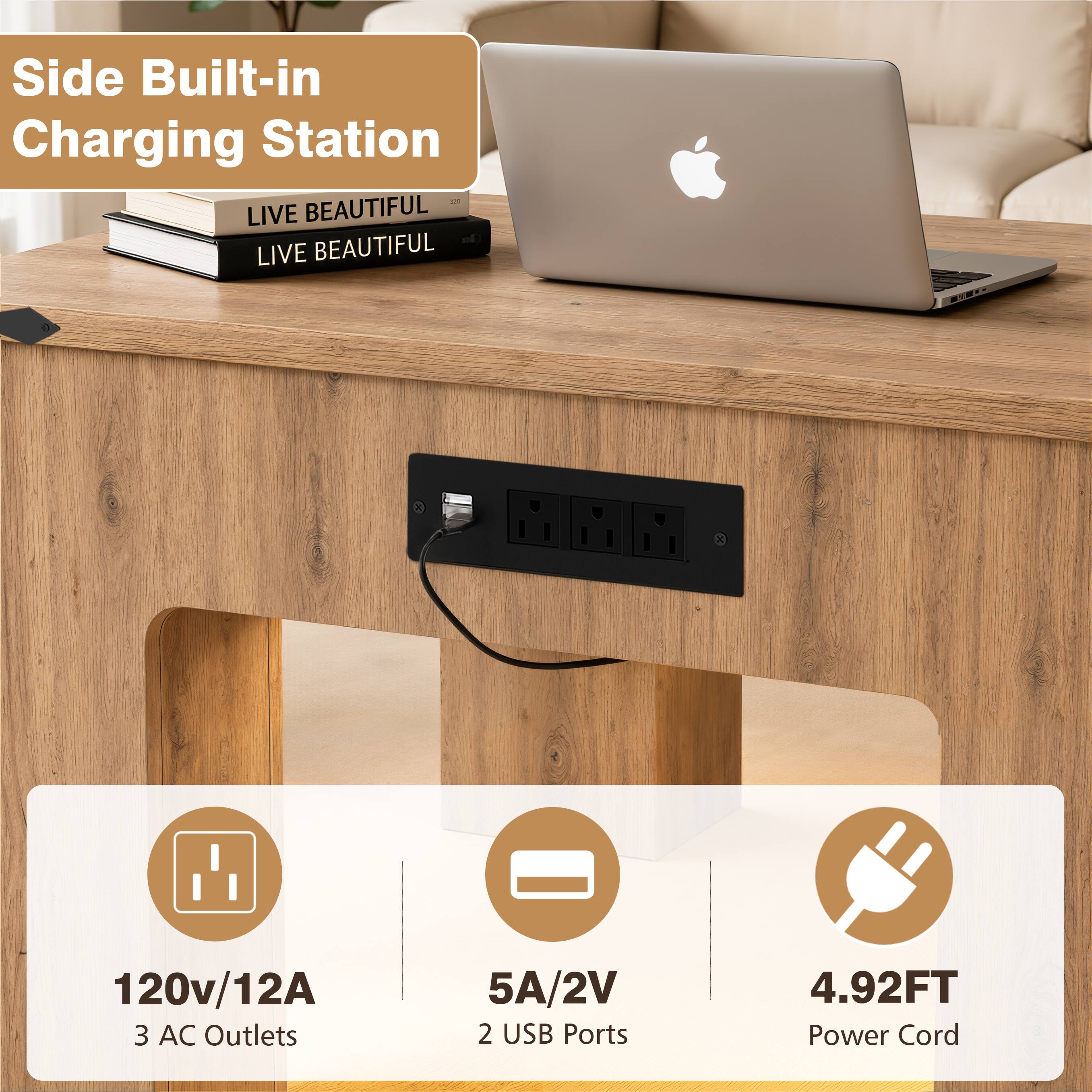Side Built-in Charging Station - LIVE BEAUTIFUL

120v/12A
3 AC Outlets
5A/2V
2 USB Ports
4.92FT Power Cord