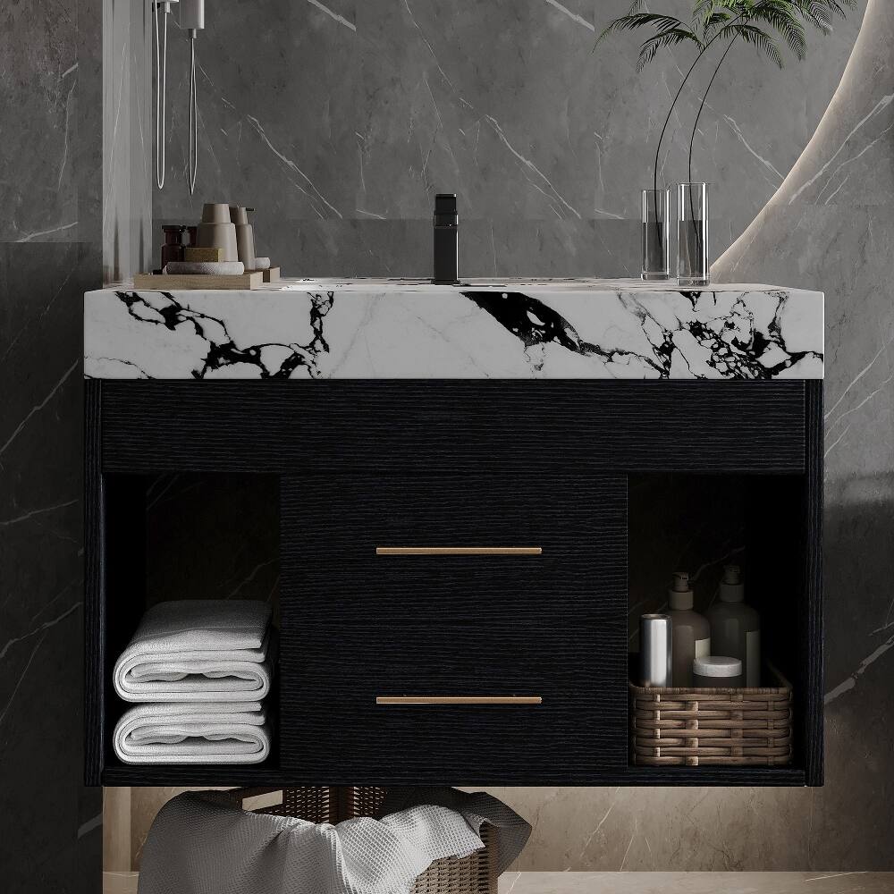 Alt View 1. Loheer - Loheer 29.9 inch floating bathroom vanity with sintered stone top and ceramic undermount sink for small bathrooms - Black.