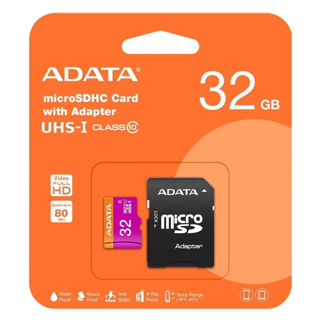 ADATA microSDHC Card with Adapter UHS-I CLASS 10 32 GB Video FULL HD Speed up to 80 MB/s ADATA I Tgo 1 TI 32 ADATA LOCK M SP Adapter Water Proof Shock Proof Anti Static X-Ray Proof + Temp Range (-25C-85C)