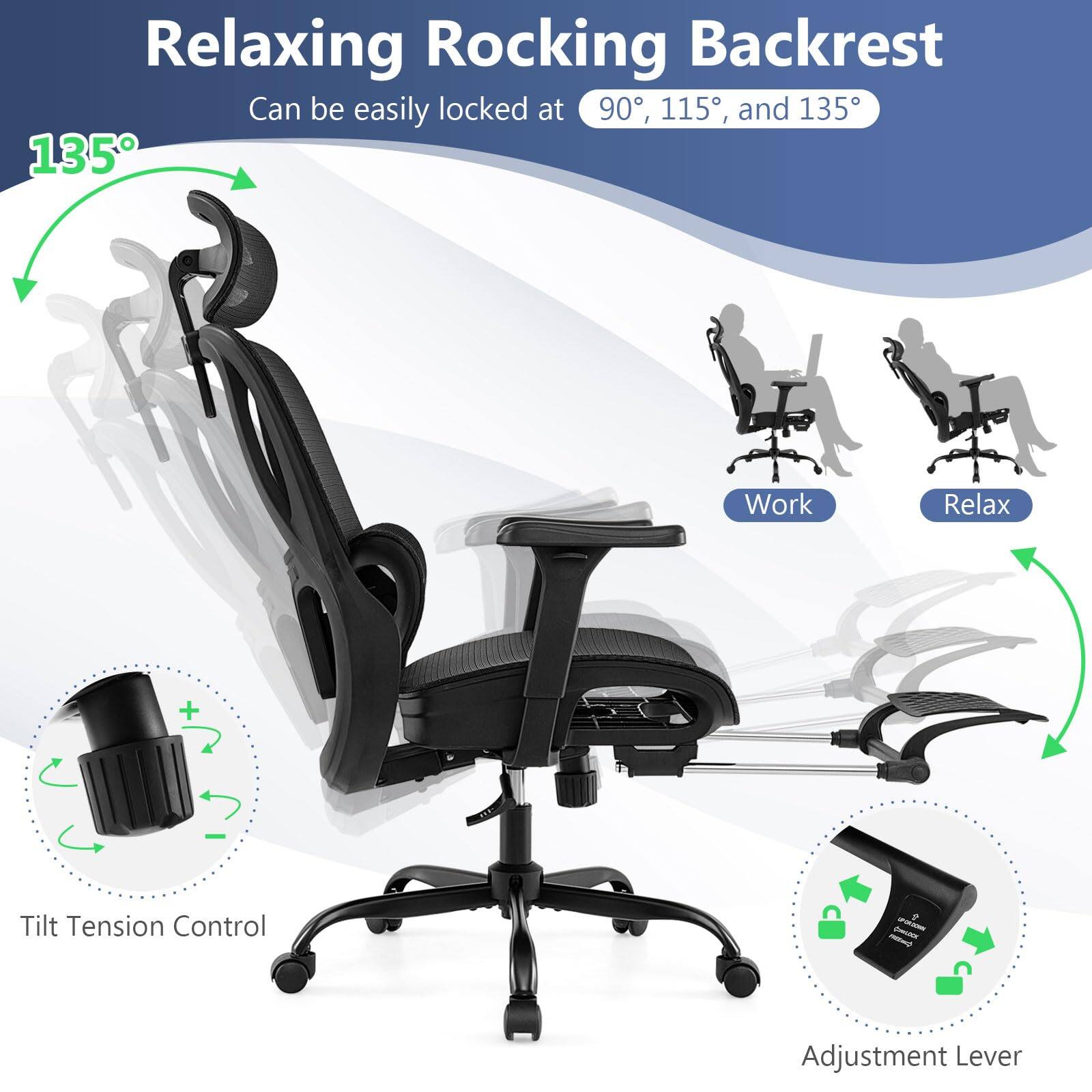 Relaxing Rocking Backrest  
Can be easily locked at 90°, 115°, and 135°  

Work  
Relax  

Tilt Tension Control  
Adjustment Lever