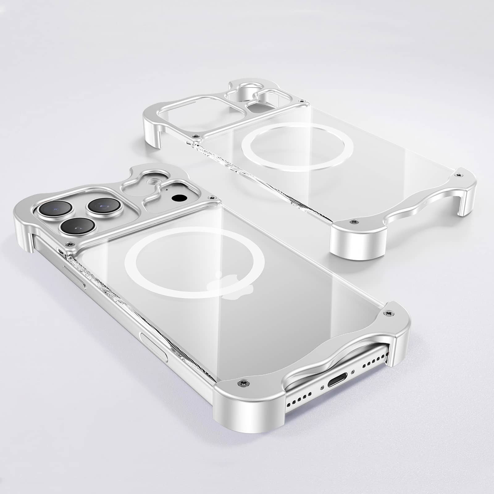 Dteck - Magnetic Clear Hard PC Case for Apple iPhone 17 Pro, Aluminum Metal Bumper Shockproof Slim Reinforced Corner Phone Cover - Silver