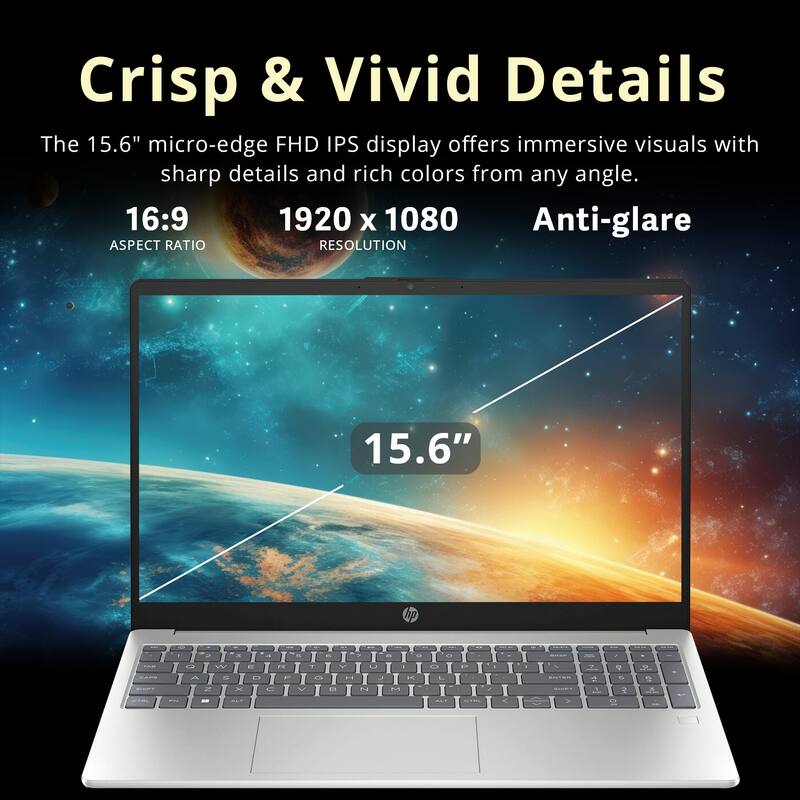Crisp & Vivid Details

The 15.6" micro-edge FHD IPS display offers immersive visuals with sharp details and rich colors from any angle.

16:9 ASPECT RATIO

1920 x 1080 RESOLUTION

Anti-glare

15.6"